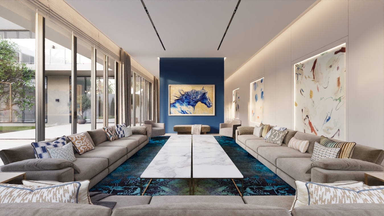 Rendu 3D architecture luxe réalisé par Pierzo d'un immense salon de réception à Riyad pour le cabinet Artenova.