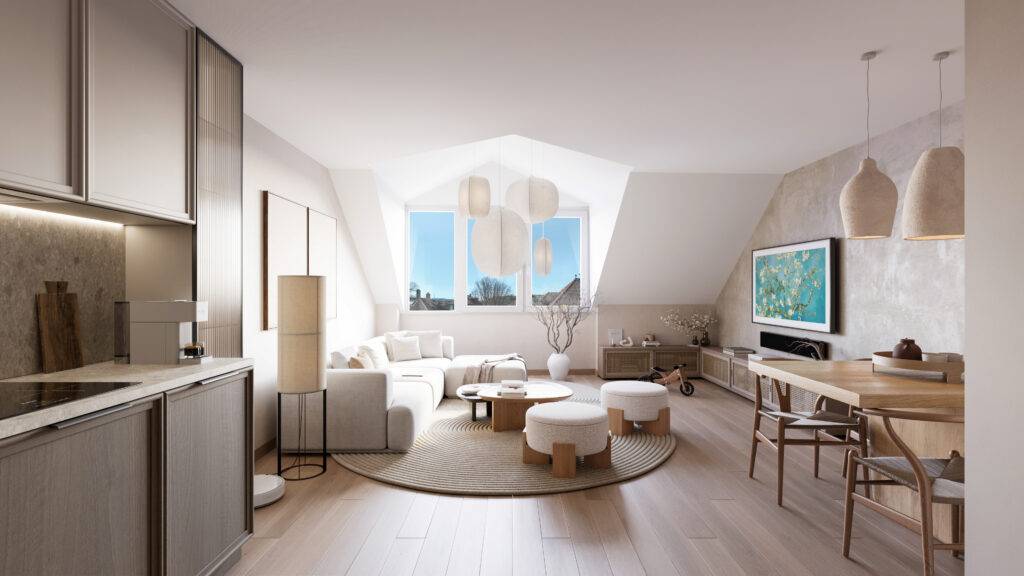 Perspective 3D Pierzo d'un grand séjour lumineux avec balcon pour le client R-eal Suisse, projet de promotion immobiliere suisse.