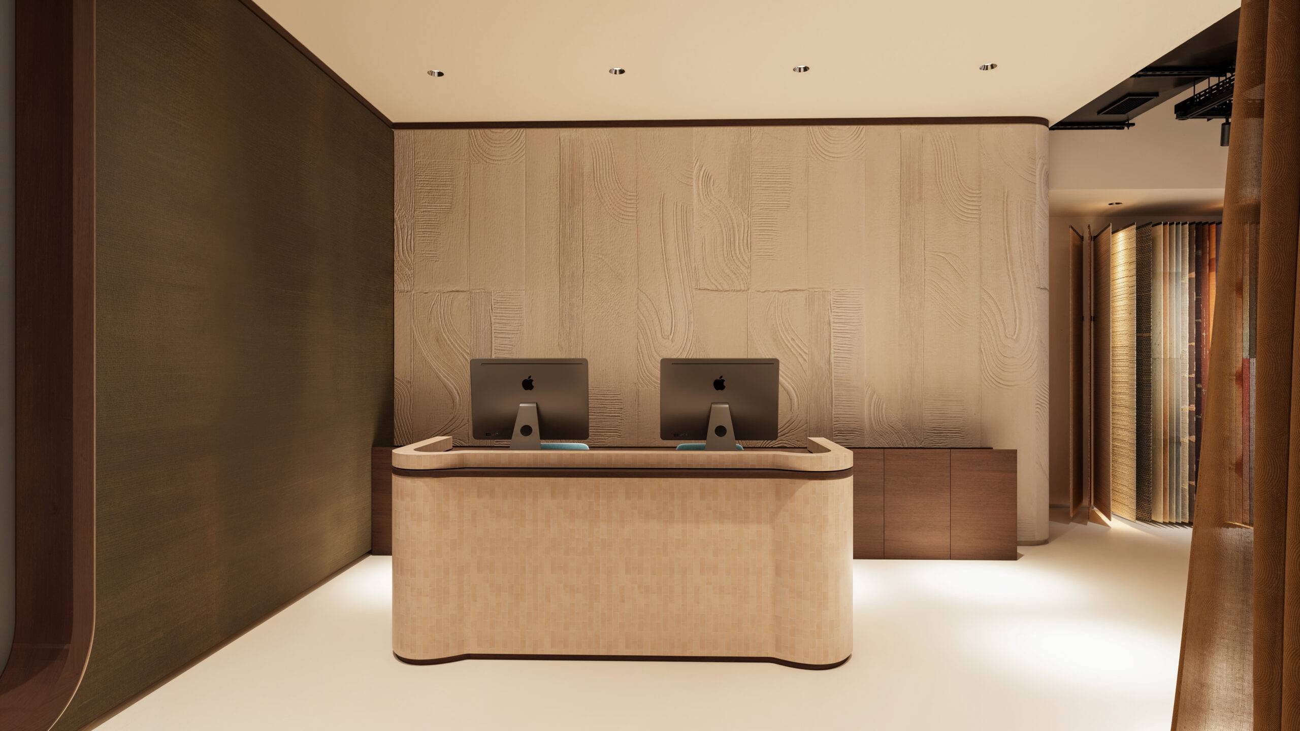 Rendu 3D frontal de la réception devant un mur signature en papier peint sculpté Élitis, retail design 3D signé Pierzo.