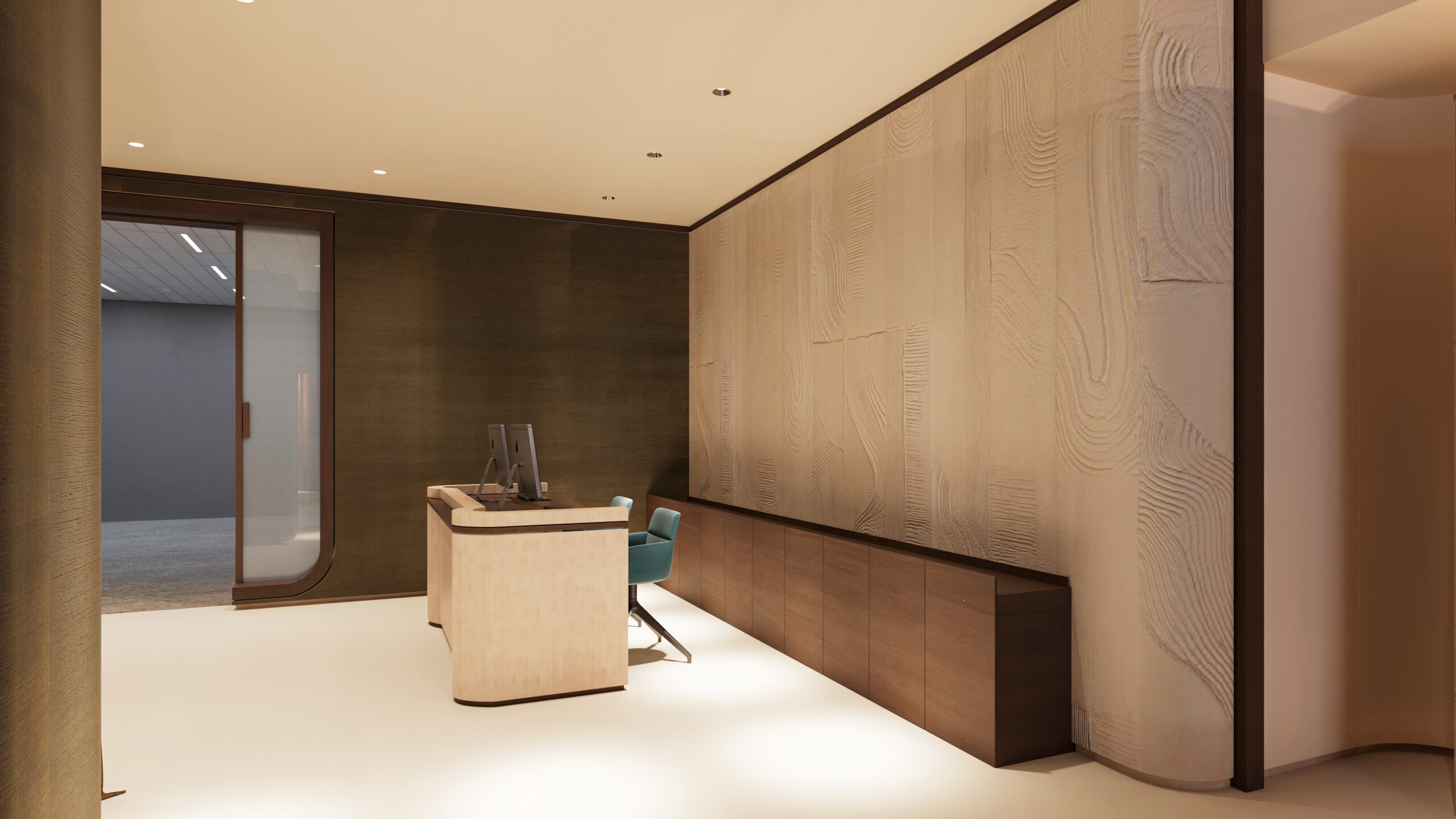 Perspective 3D de détail montrant un mur texturé en papier peint Élitis derrière l'accueil, visualisation retail design 3D par Pierzo.