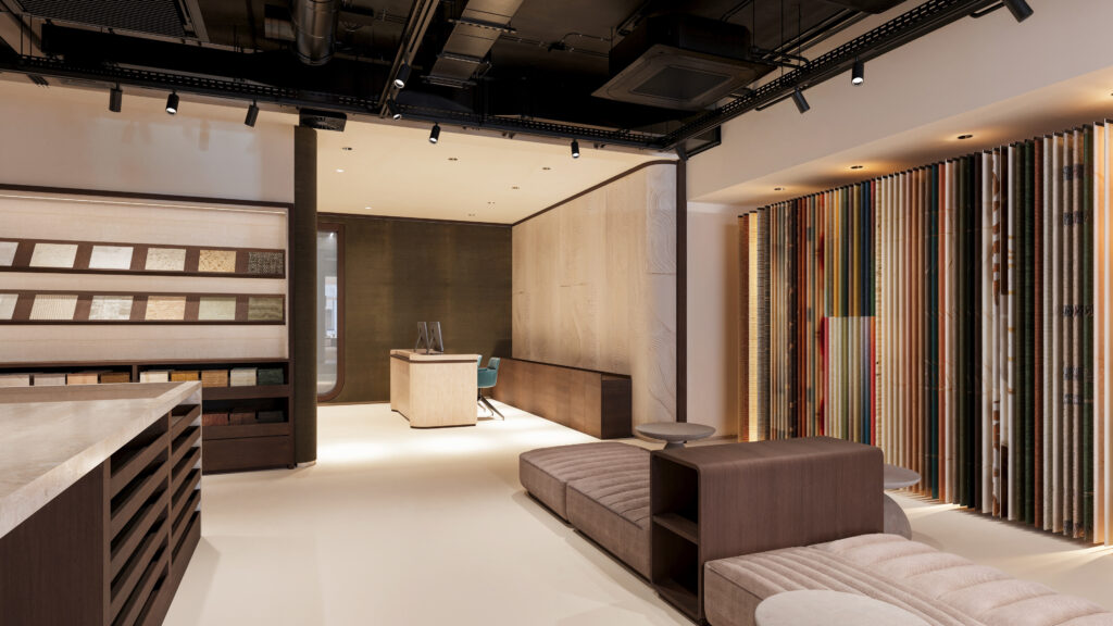 Rendu 3D par Pierzo de la zone d'accueil et des banquettes du showroom Élitis, un projet de retail design 3D haut de gamme.