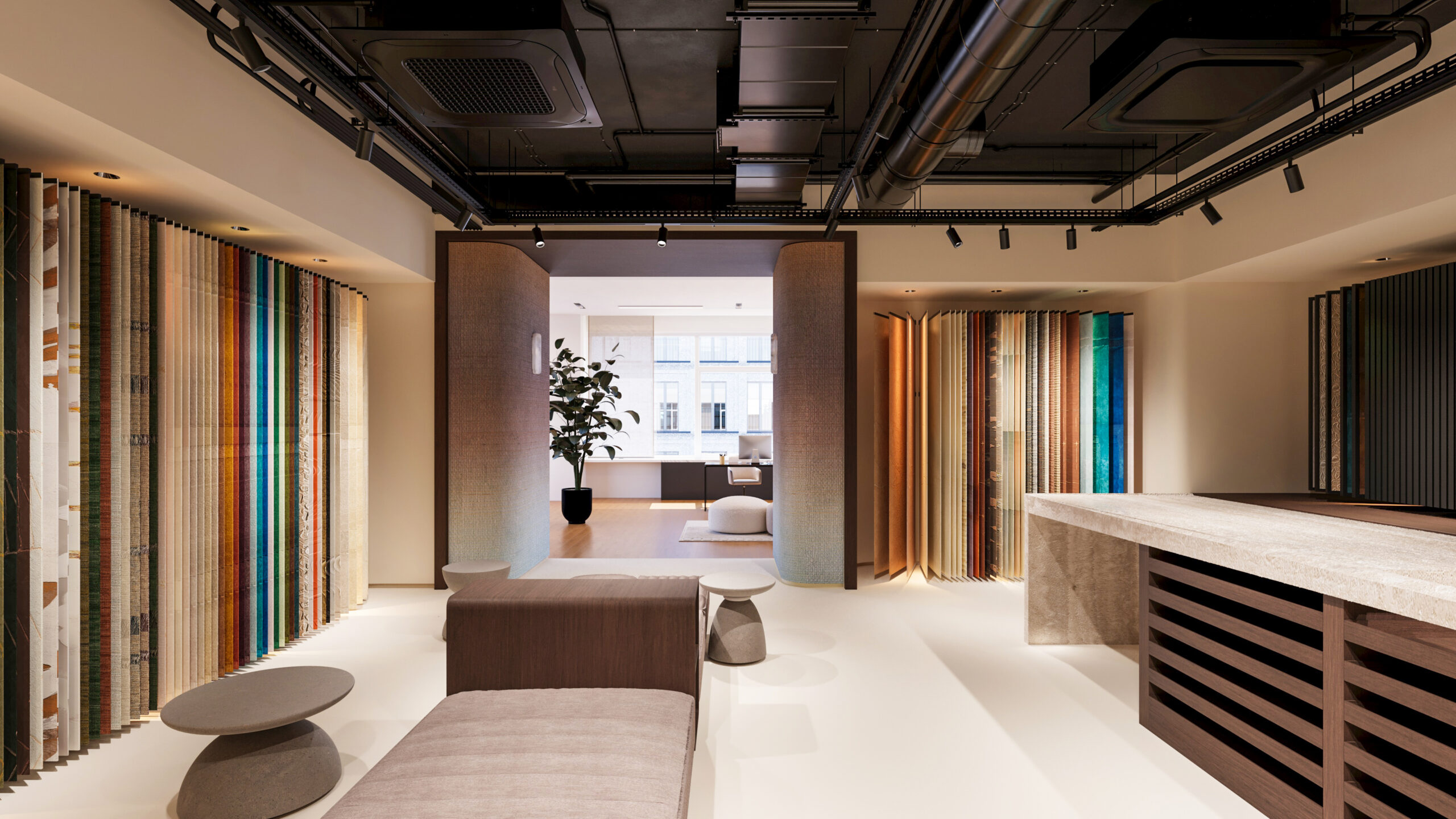 Visualisation 3D réalisée par Pierzo du showroom Élitis à New York, montrant l'intégralité des matières et tissus exposés dans un espace de retail design 3D.