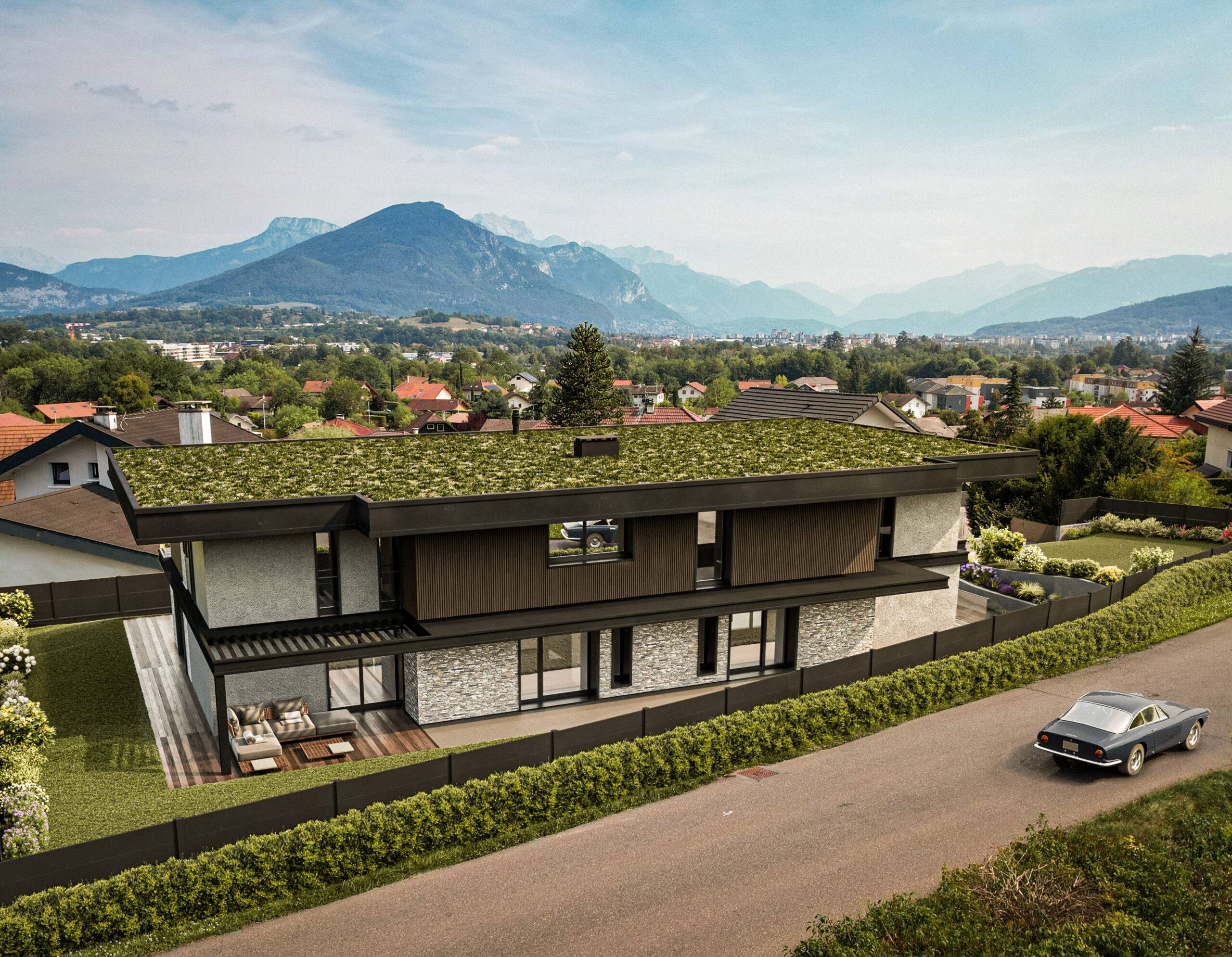 Image 3D permis de construire vue aérienne montrant la toiture végétalisée face aux montagnes.