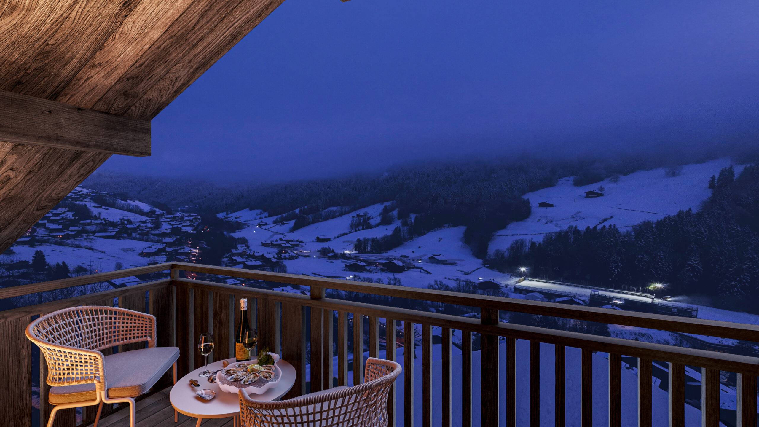 Visualisation 3D chalet terrasse nuit ambiance hivernale vallée éclairée Pierzo