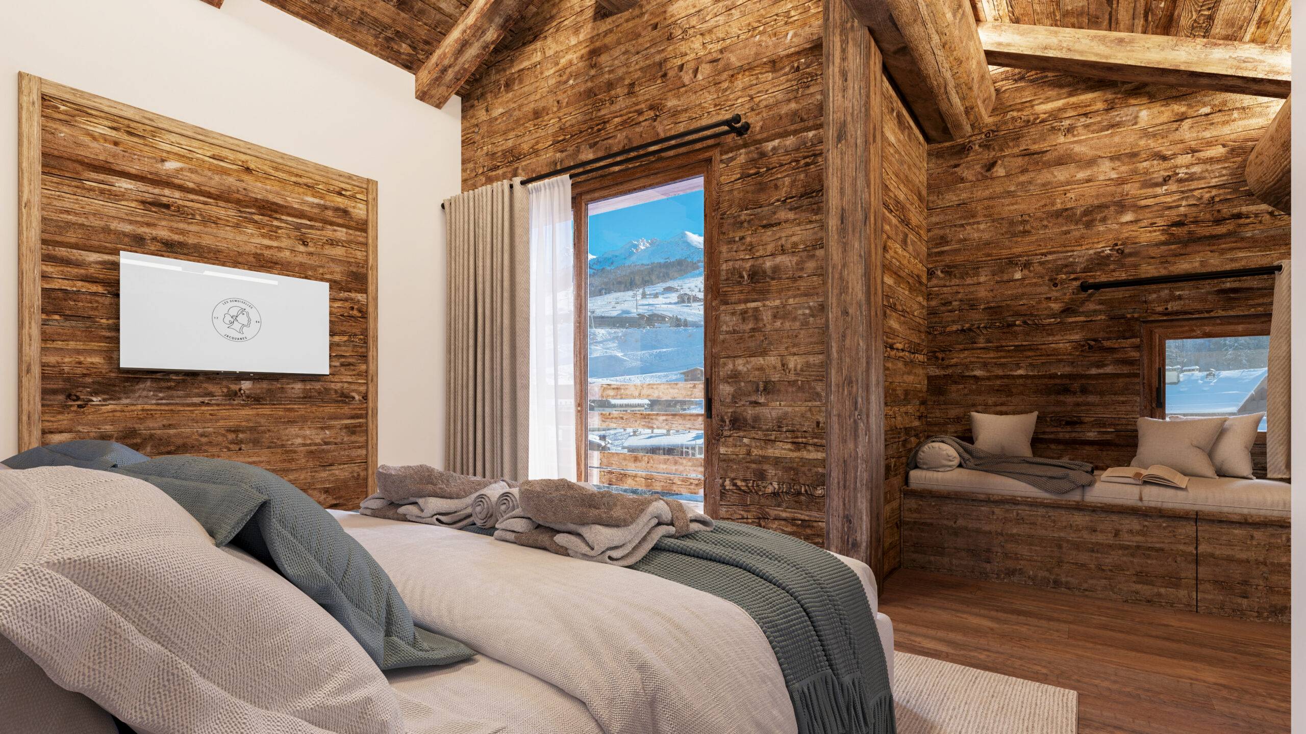 Visualisation 3D Pierzo d'une chambre avec un coin lecture aménagé sous une fenêtre donnant sur les montagnes de La Clusaz, une perspective intérieur chalet cosy.