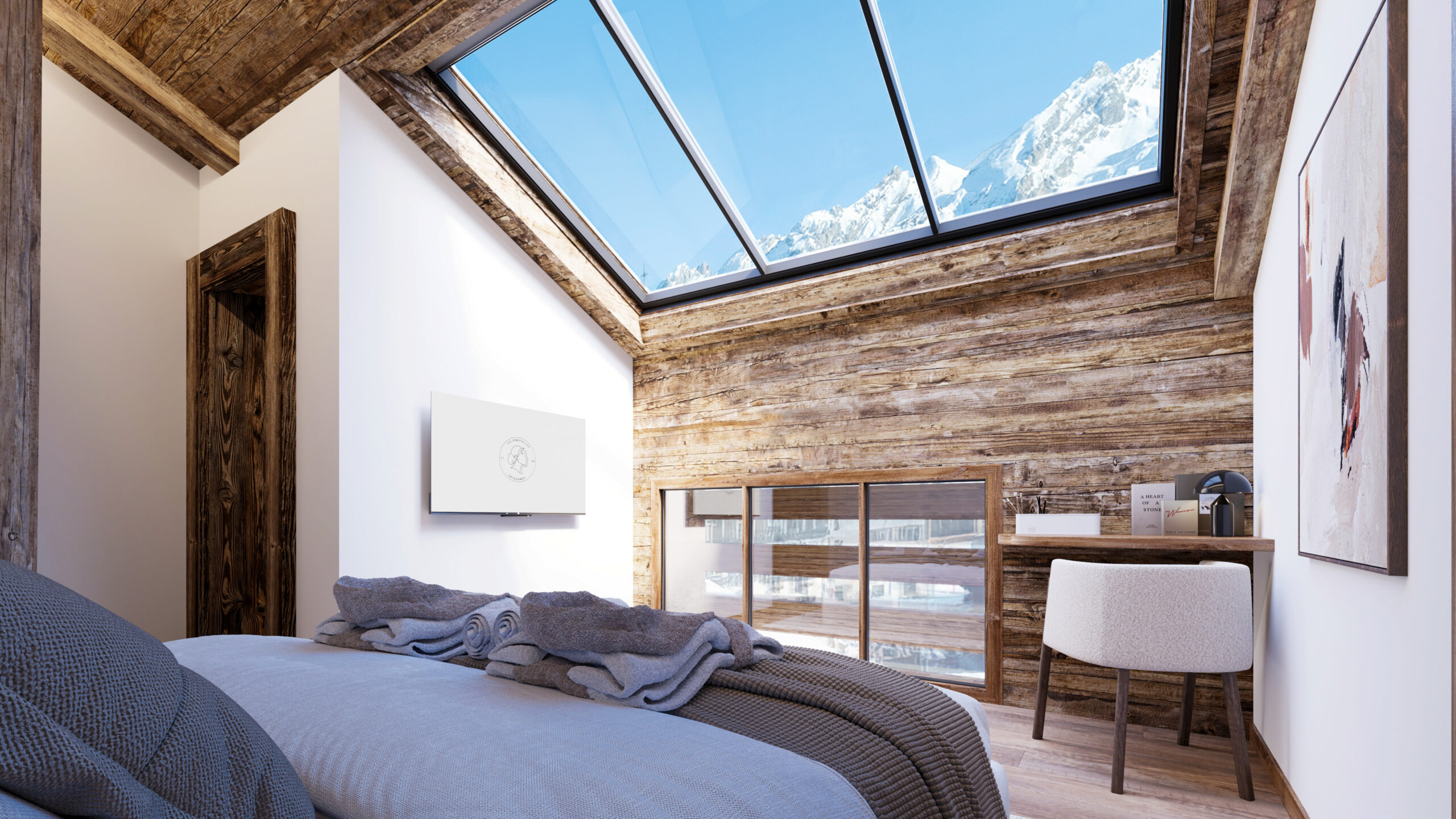 Perspective intérieur chalet 3D spectaculaire de Pierzo d'une chambre sous les toits avec une immense verrière donnant sur le village et les Aravis à La Clusaz.