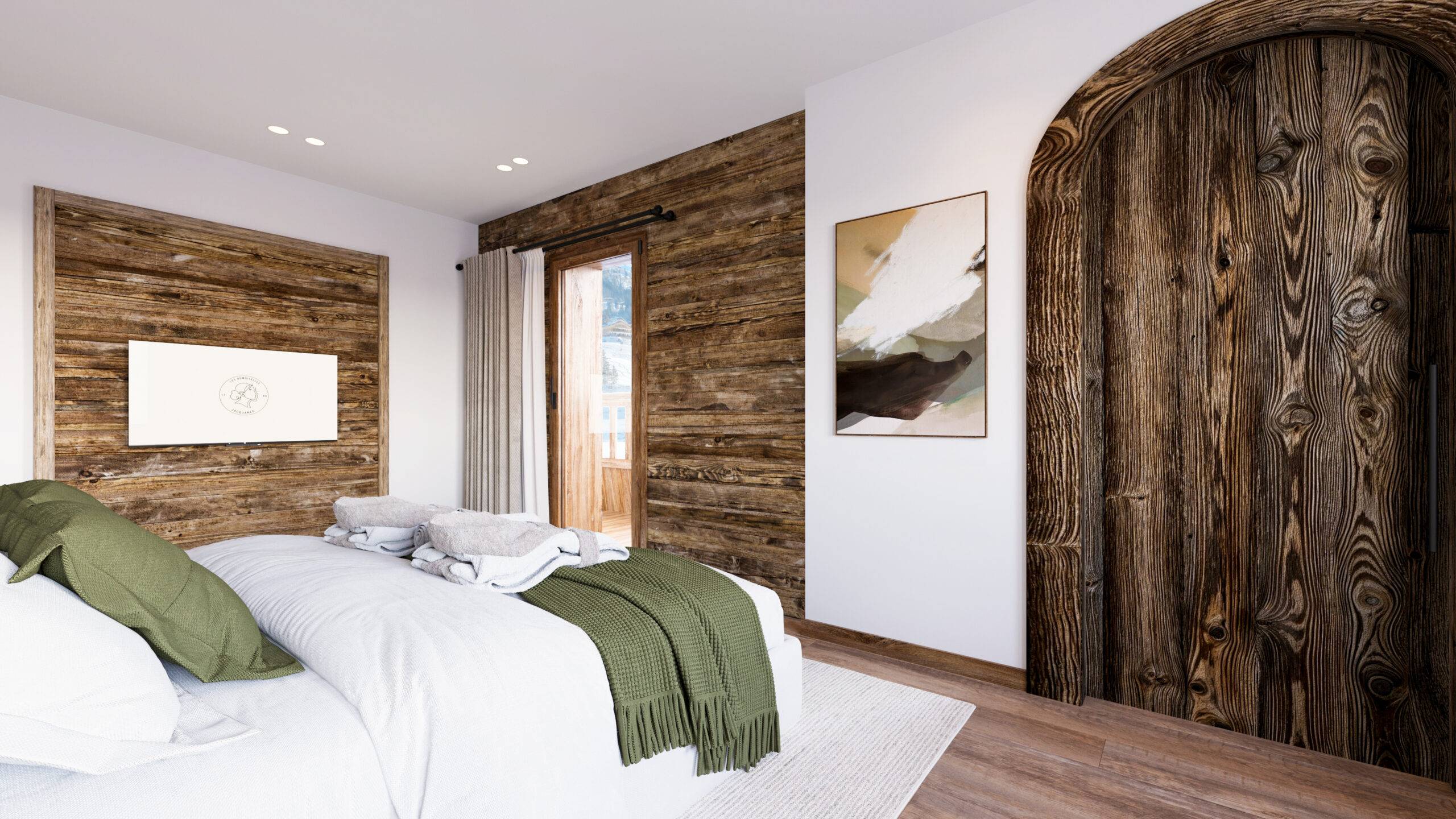 Perspective intérieur chalet 3D de Pierzo montrant une chambre avec un mur et une porte cintrée en vieux bois, style typique de La Clusaz.