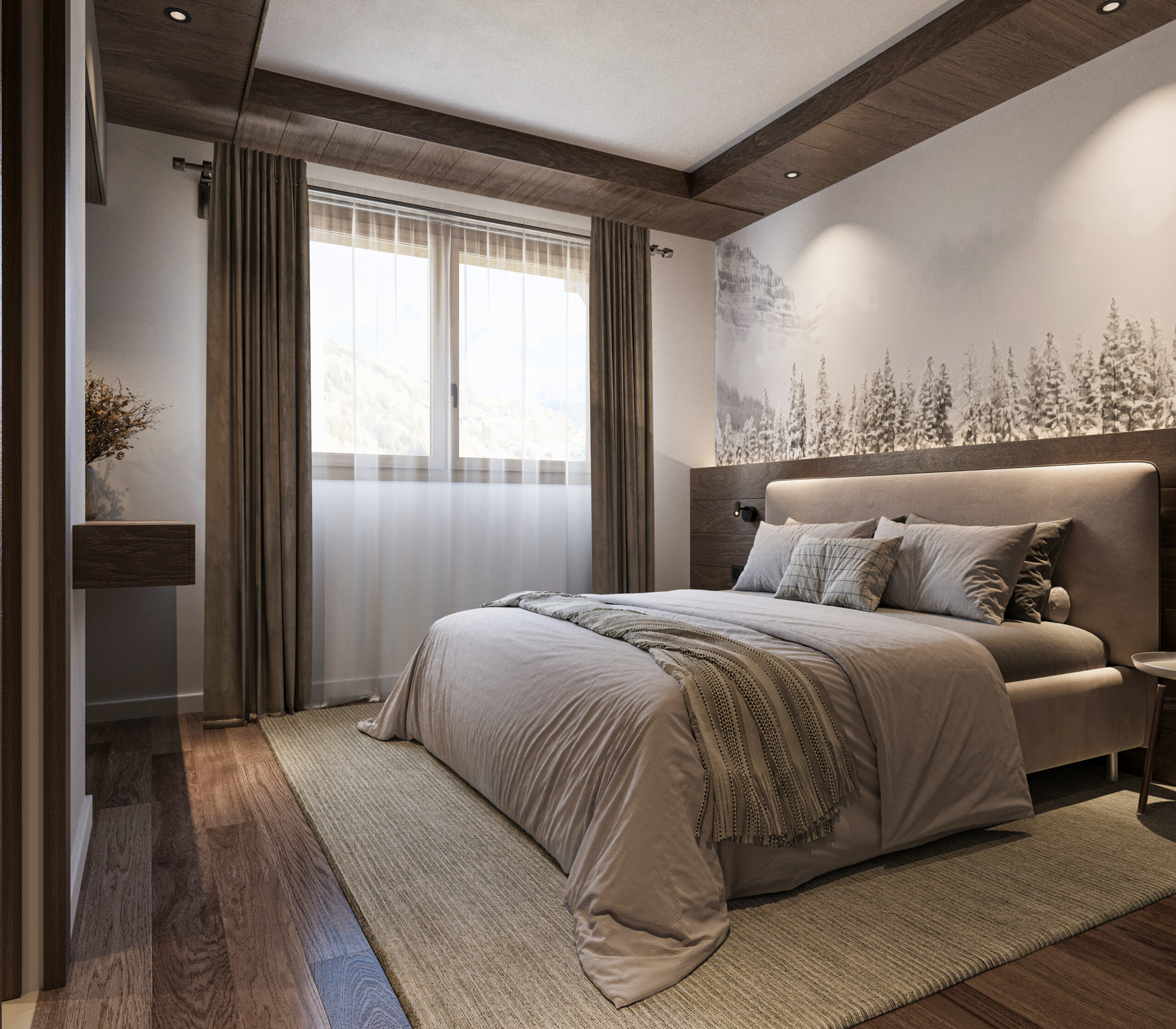 Visualisation 3D chalet chambre parentale papier peint paysage et bois Pierzo