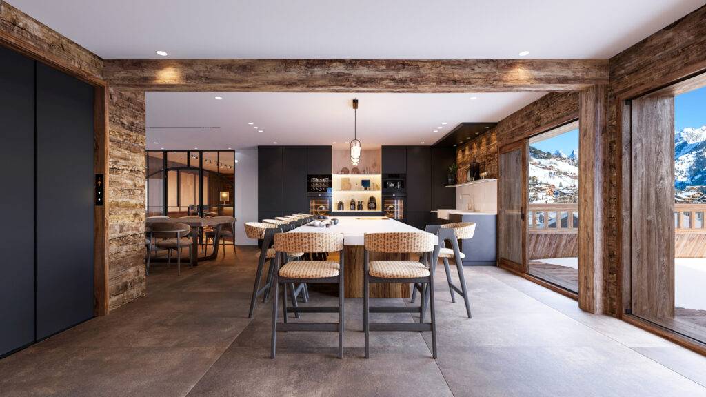 Visualisation 3D Pierzo d'une grande cuisine équipée avec un îlot central et des tabourets, une perspective intérieur chalet moderne et fonctionnelle à La Clusaz.