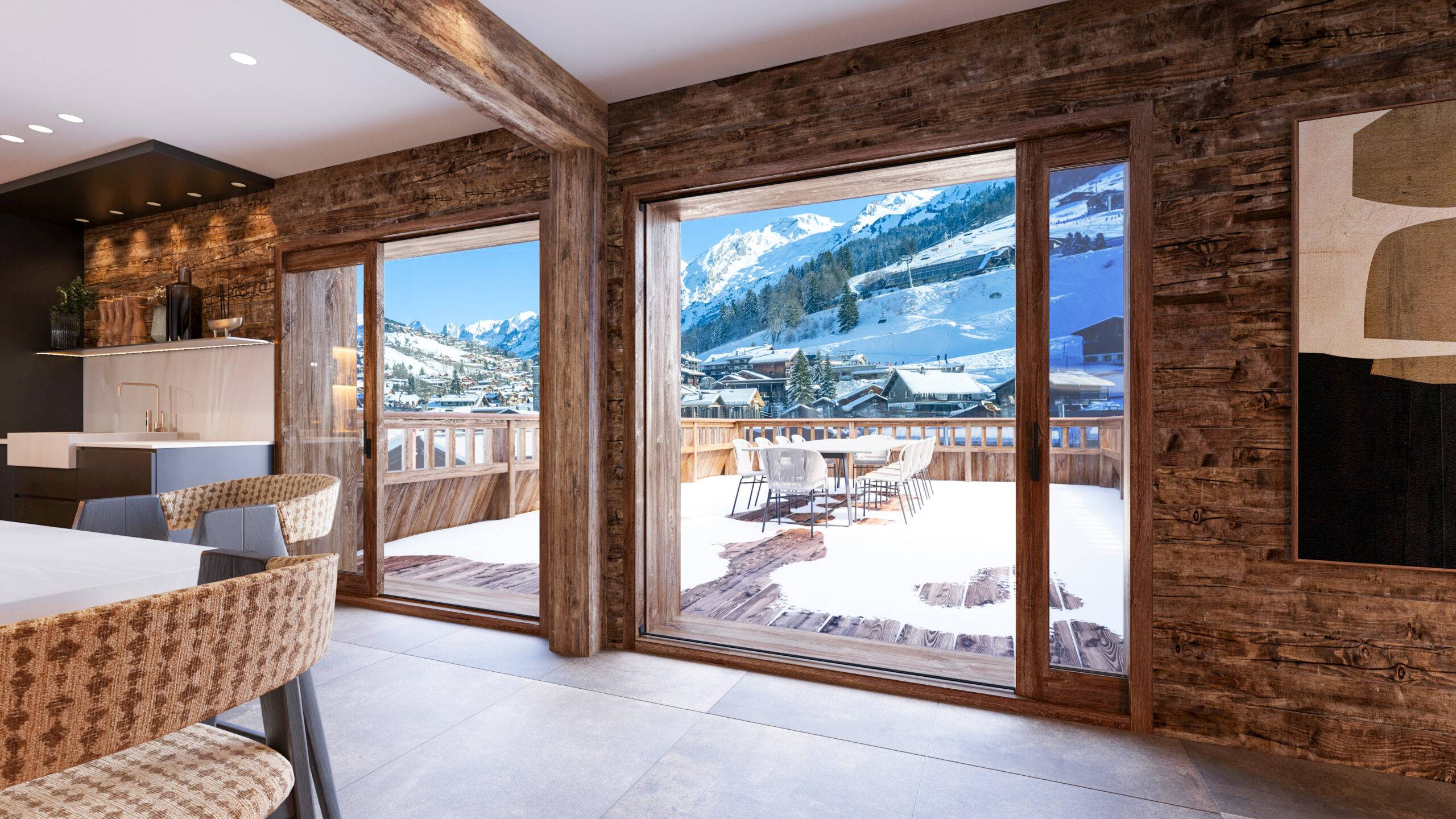 Perspective intérieur chalet 3D par Pierzo de la cuisine moderne et salle à manger ouvertes sur une grande terrasse avec vue à La Clusaz.