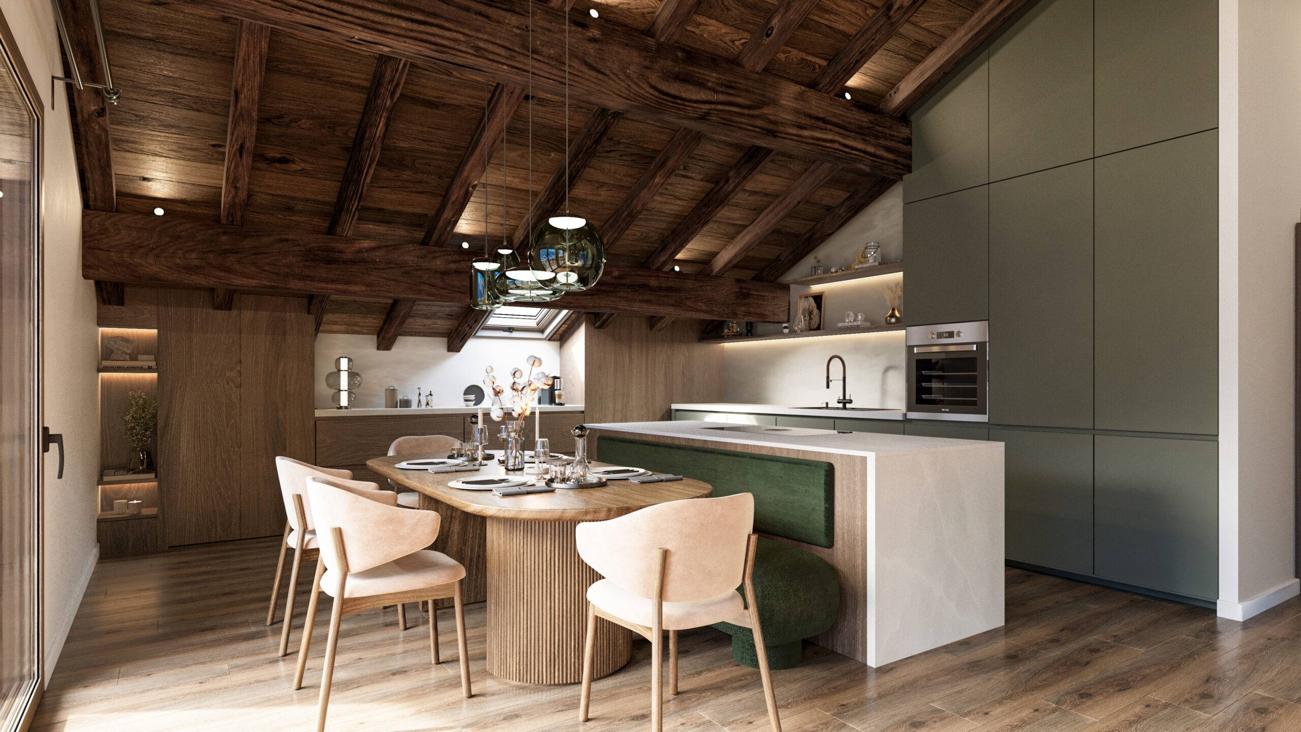 Visualisation 3D chalet cuisine moderne vert sauge et bois vieux Pierzo