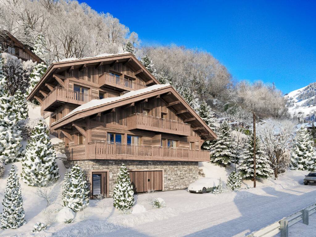 Visualisation 3D chalet Le Grand-Bornand architecture bois et pierre sous la neige Pierzo