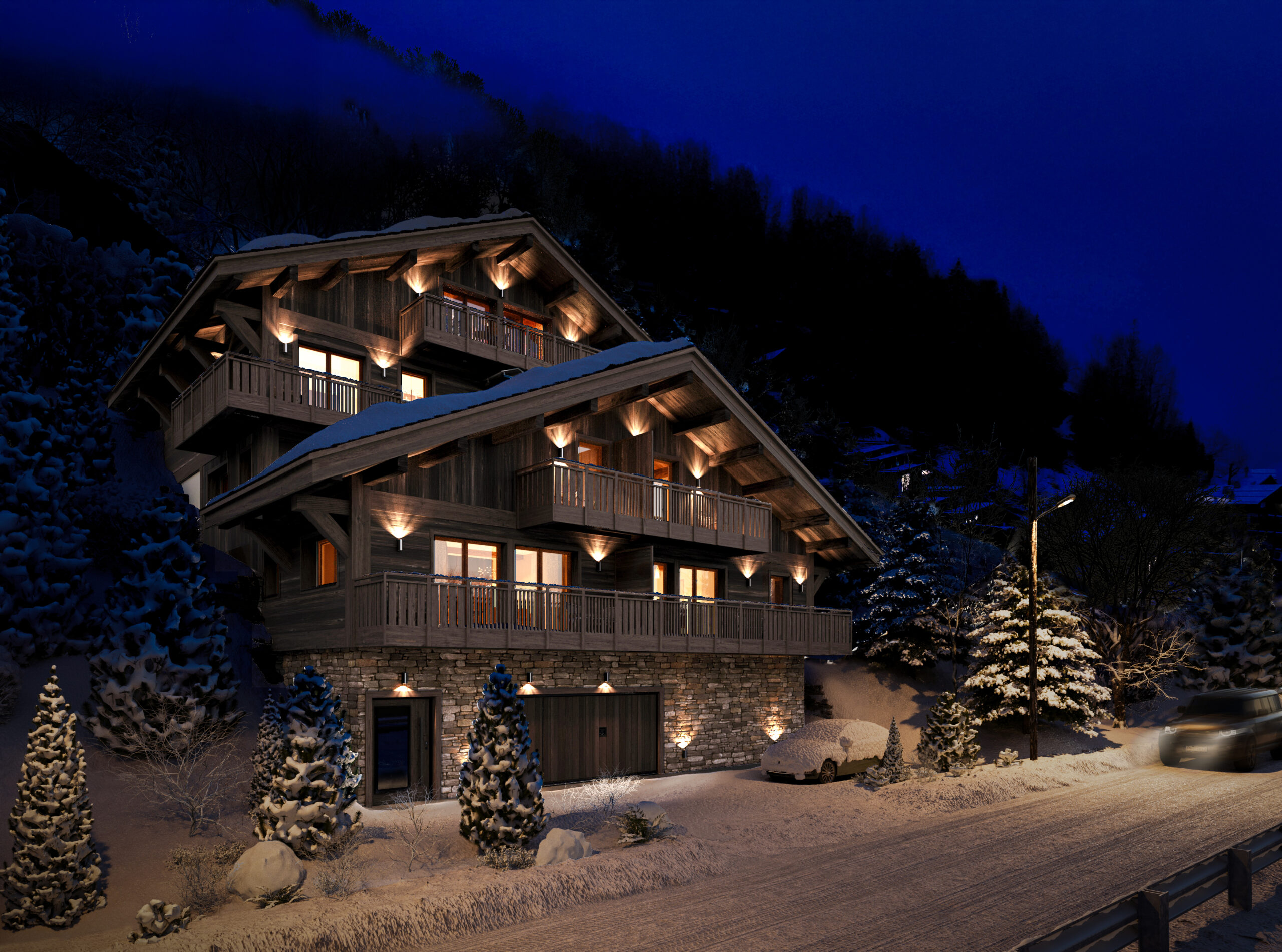 Visualisation 3D chalet nuit éclairage extérieur ambiance montagne Pierzo