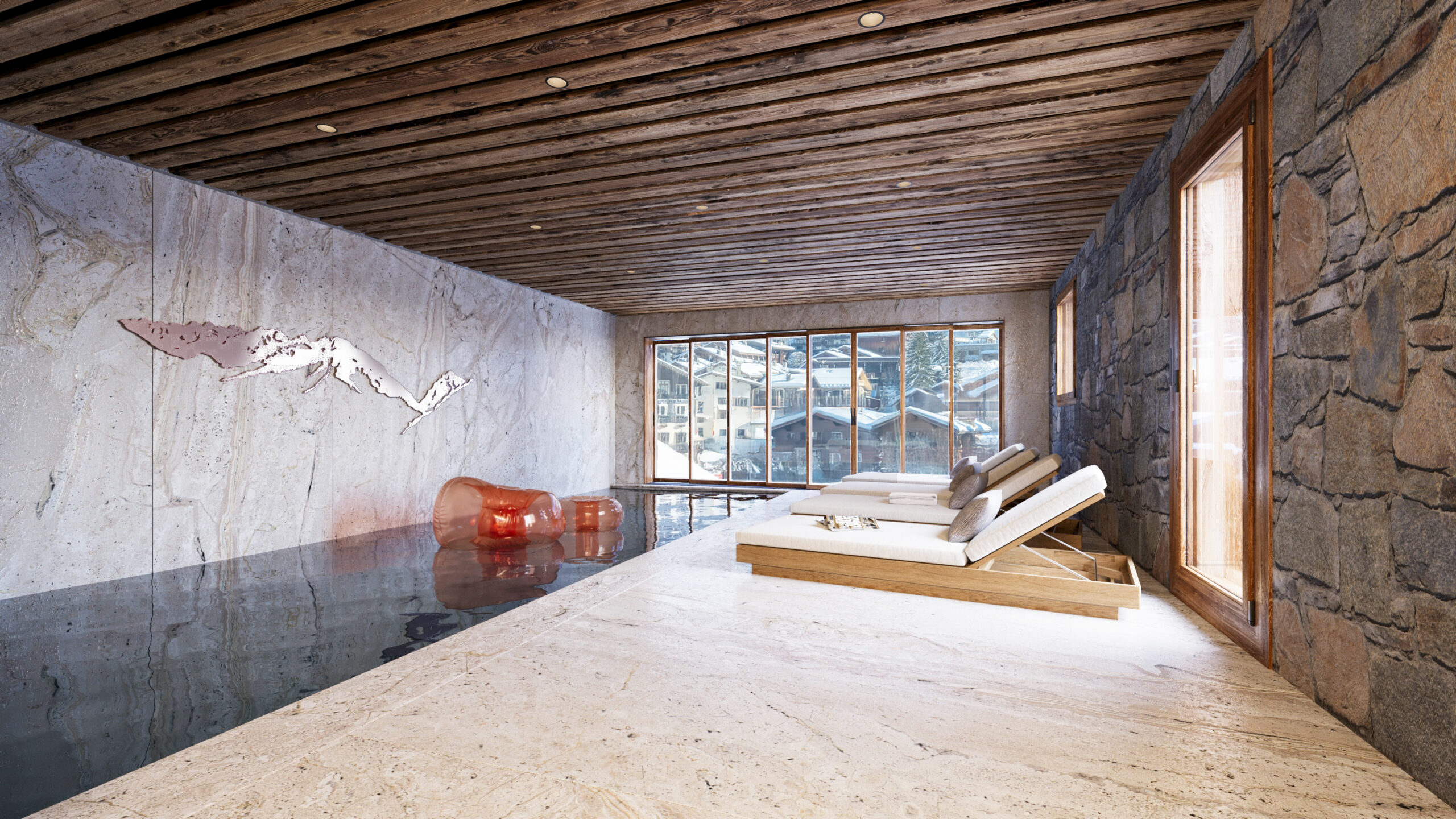 Visualisation 3D Pierzo de l'espace piscine intérieure avec mur en pierre et plafond bois, une perspective intérieur chalet détente à La Clusaz.