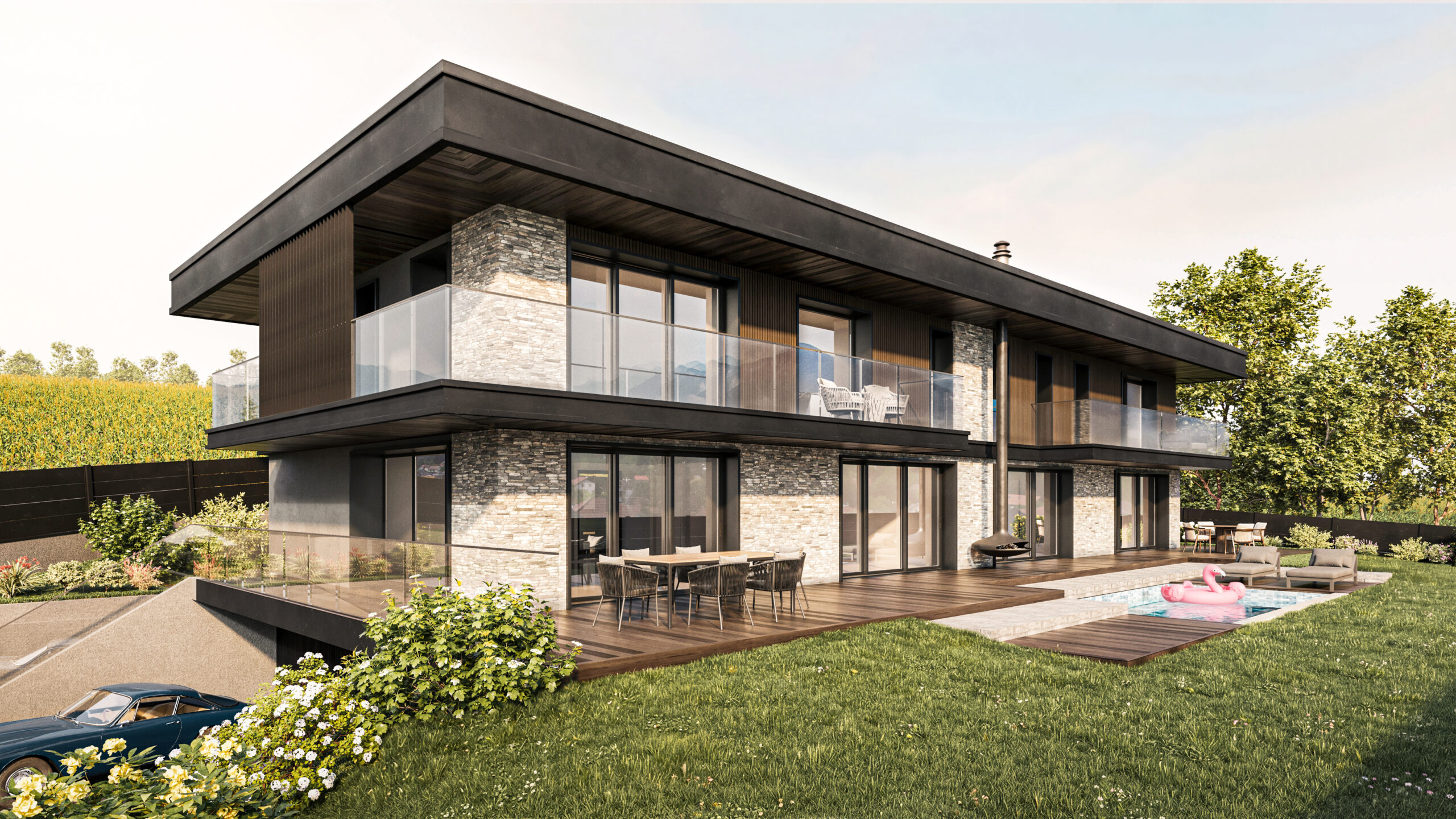 Image 3D permis de construire d'une villa moderne avec piscine, terrasse bois et façade pierre.