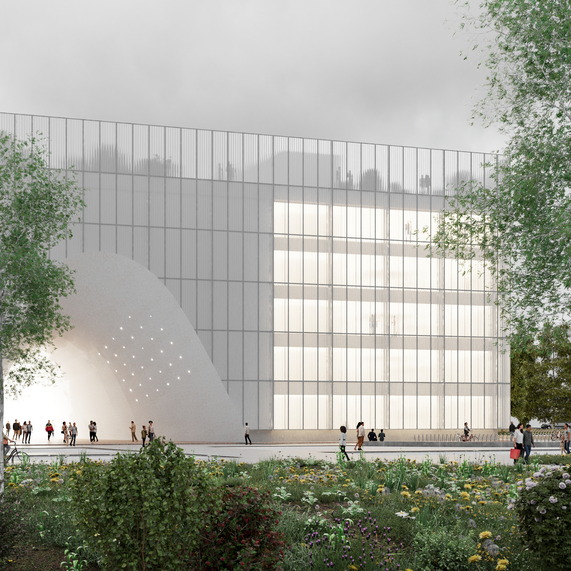 Perspective concours d'architecture détail façade maille et arche blanche Milan Pierzo