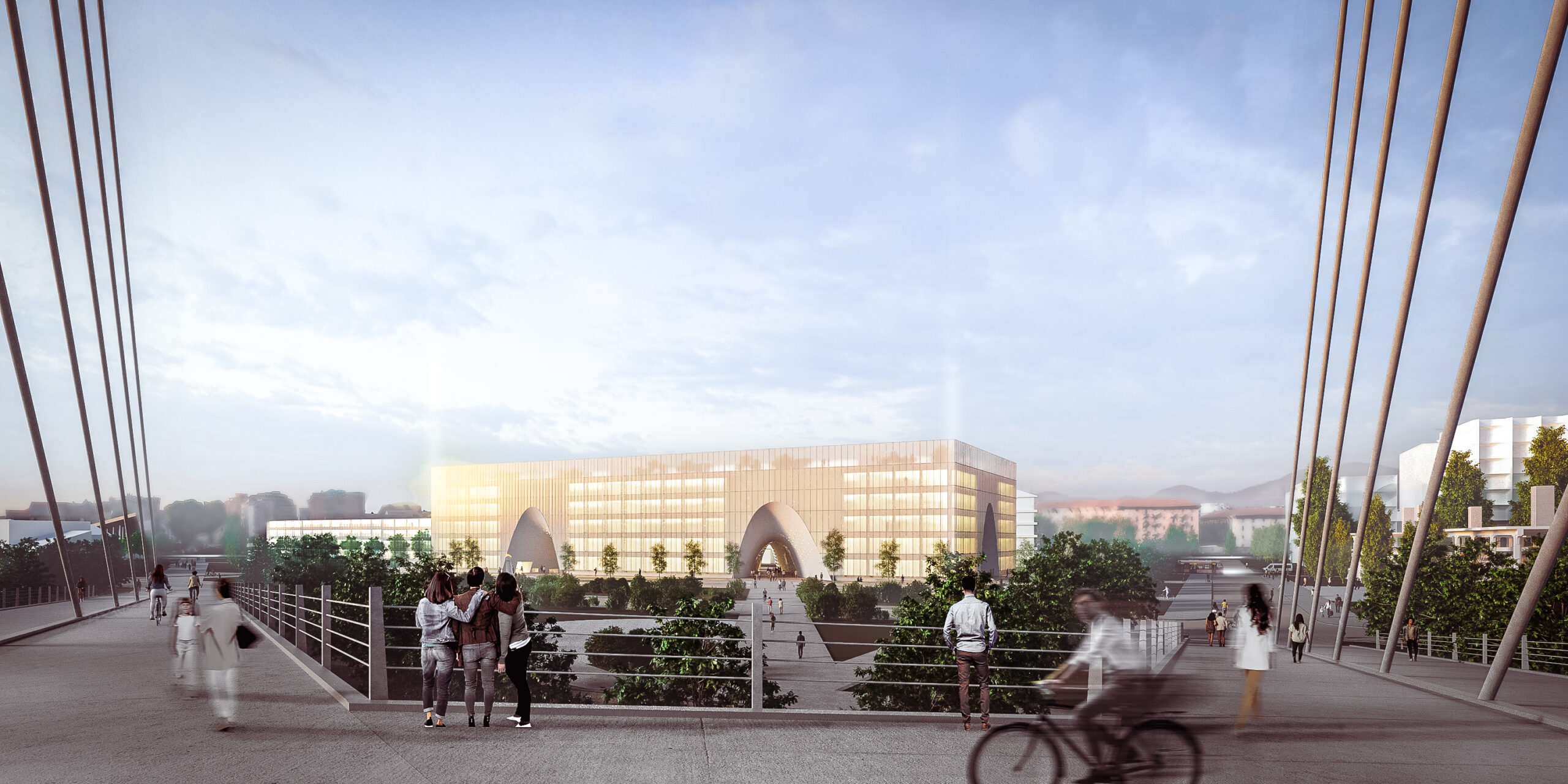 Perspective concours d'architecture vue pont haubans Milan ambiance brumeuse Pierzo