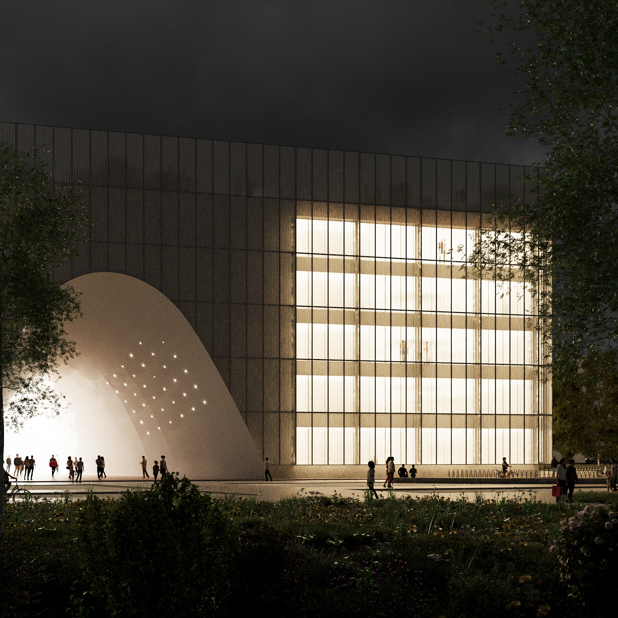 Perspective concours d'architecture nuit éclairage façade et arche Milan Lerouge Pierzo