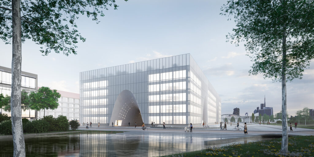 Perspective concours d'architecture Milan projet Lerouge bâtiment blanc arche et bassin Pierzo