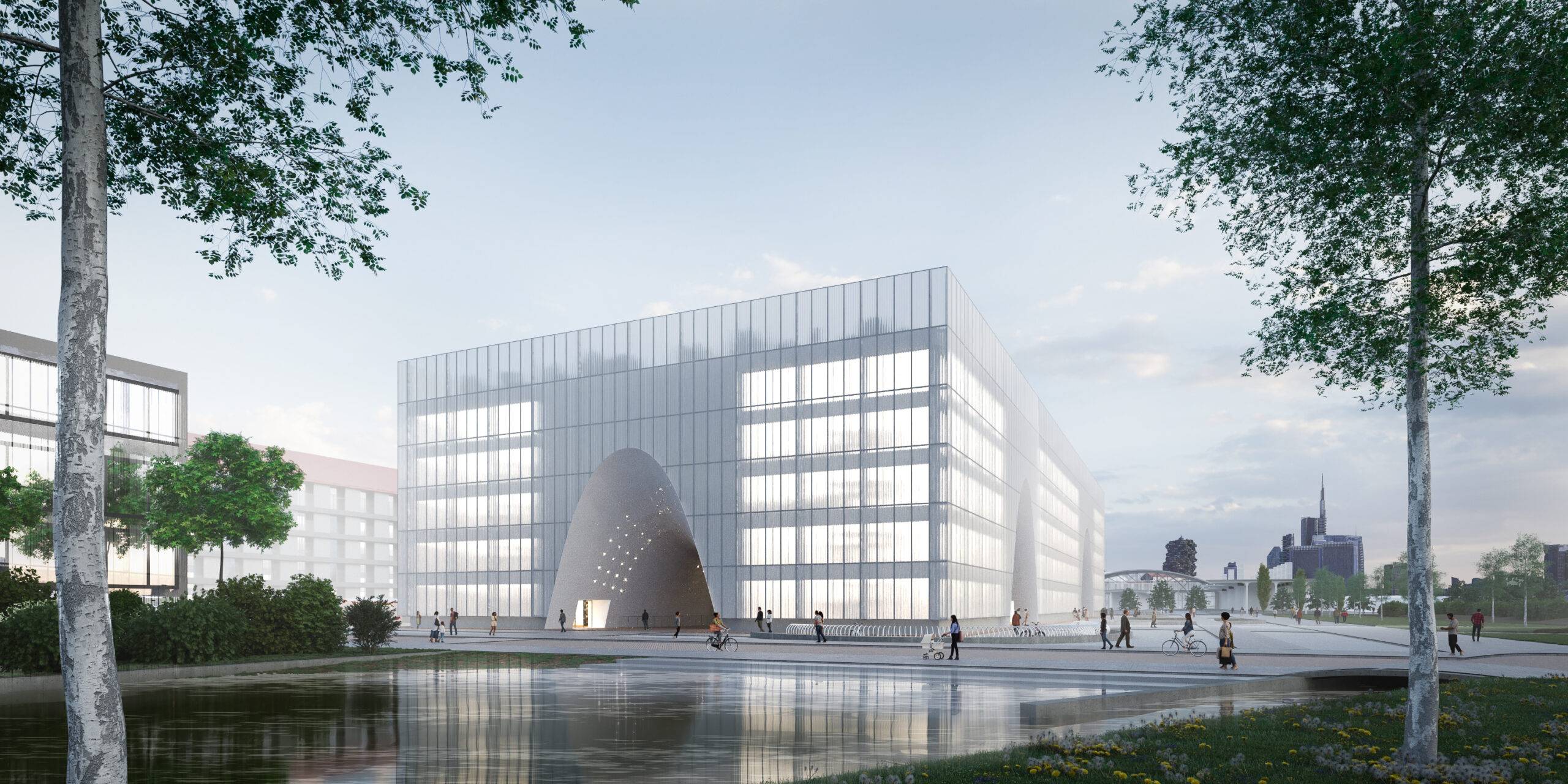 Perspective concours d'architecture Milan projet Lerouge bâtiment blanc arche et bassin Pierzo