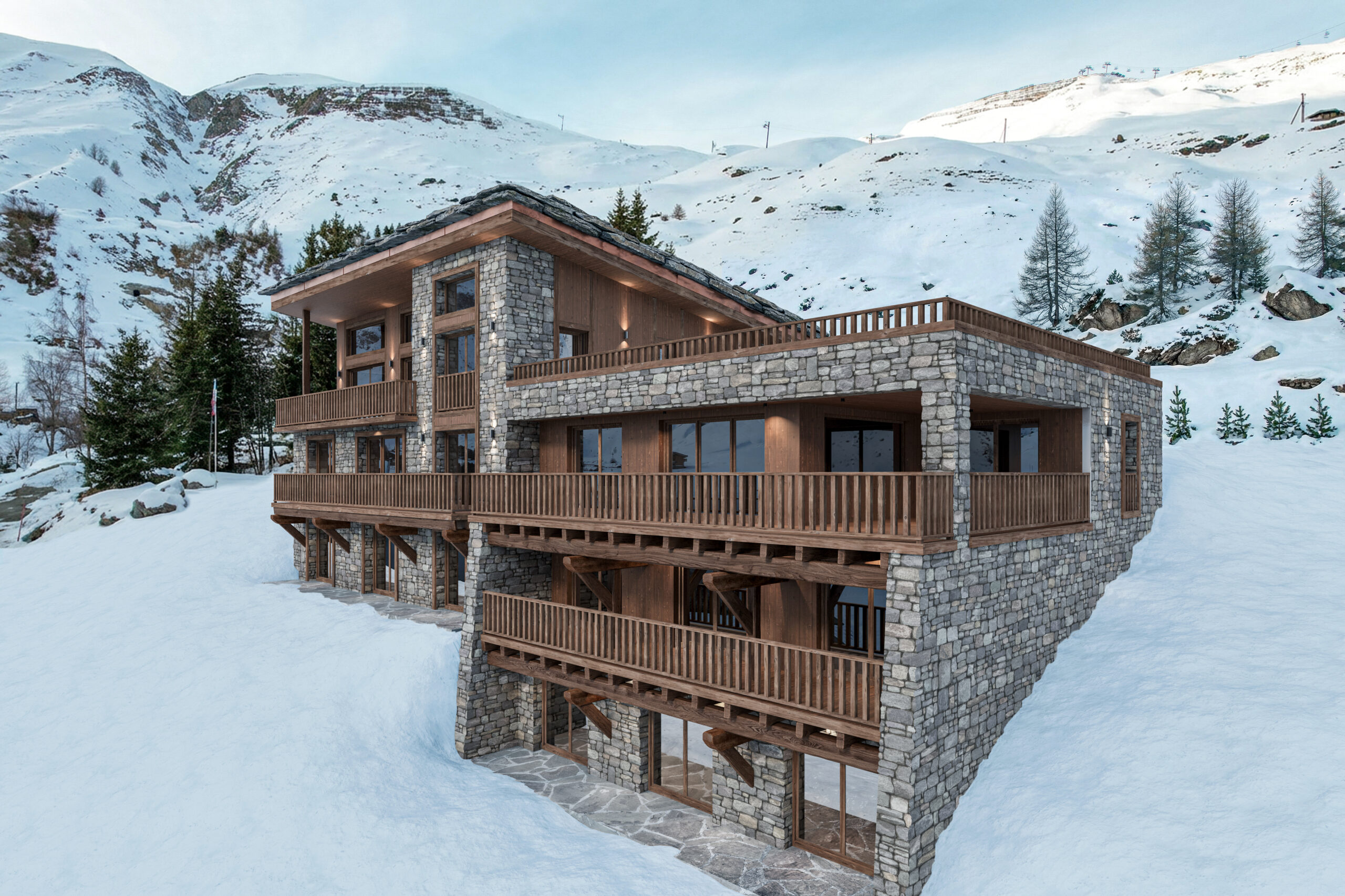 Visualisation du chalet avec bardage bois et pierre, montrant une douce insertion paysagère chalet dans un environnement verdoyant à Tignes.