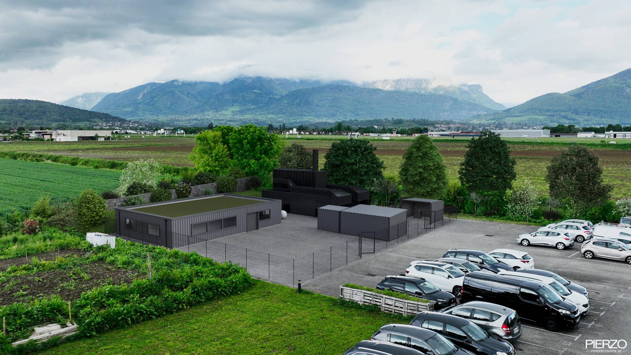 Insertion paysagère SDIS 74 variante bardage gris et toiture végétalisée Pierzo