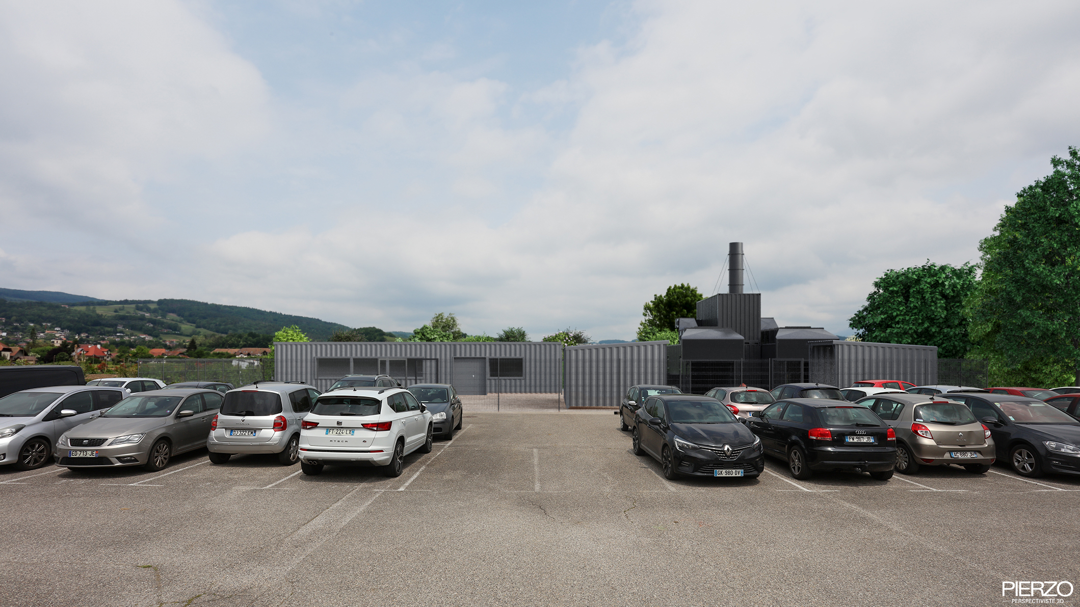 Insertion paysagère parking et bâtiment technique industriel SDIS 74 Pierzo