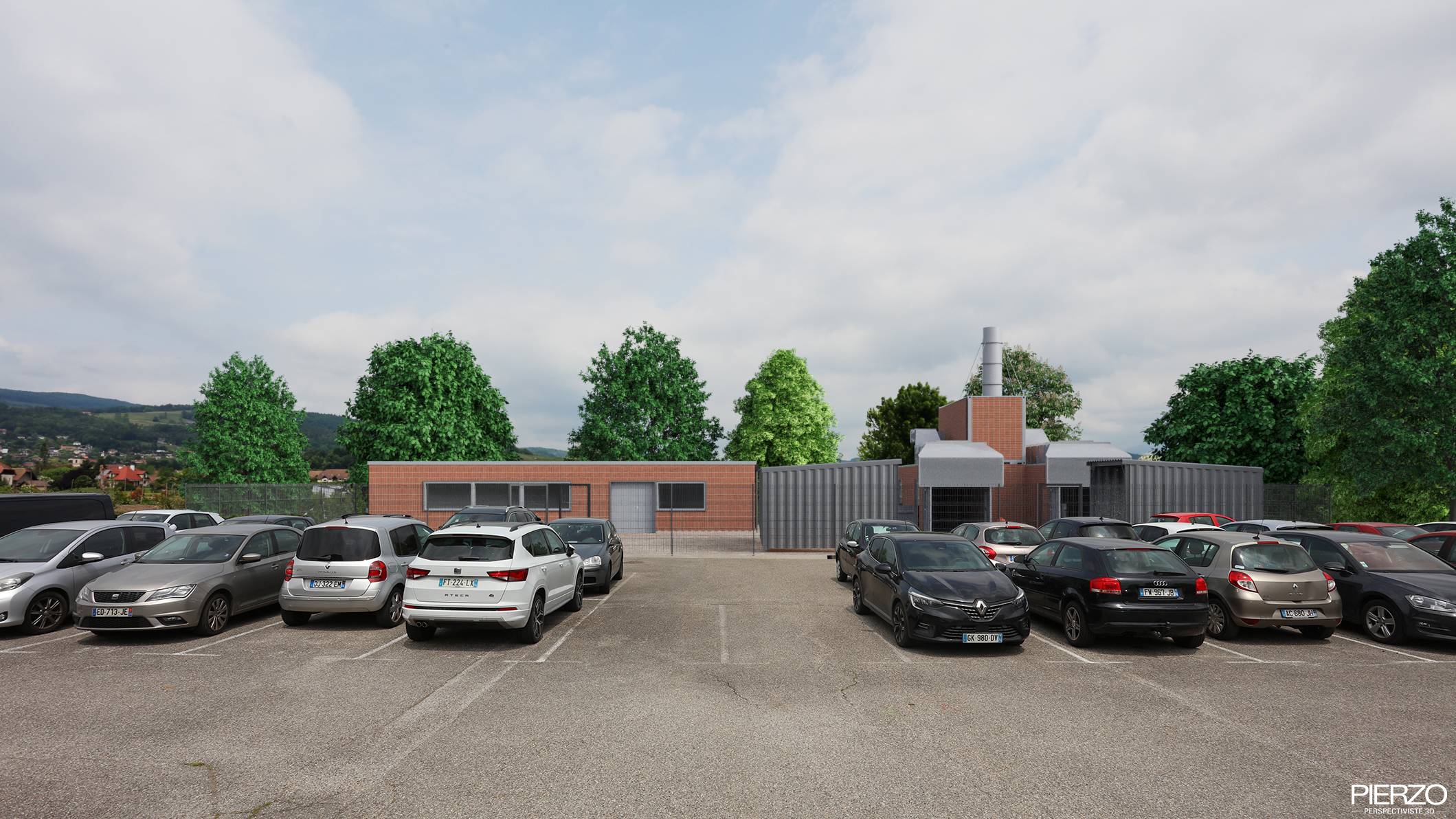 Insertion paysagère bâtiment SDIS 74 briques et parking opérationnel Pierzo