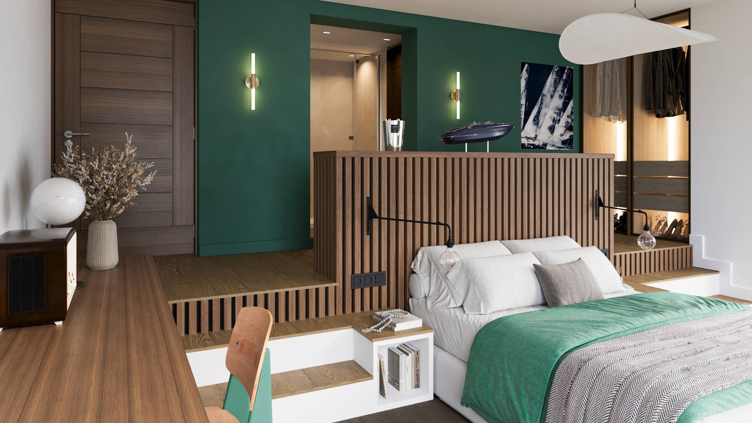 Rendu 3D architecture suite parentale dressing tête de lit bois Tolita Architecture Pierzo