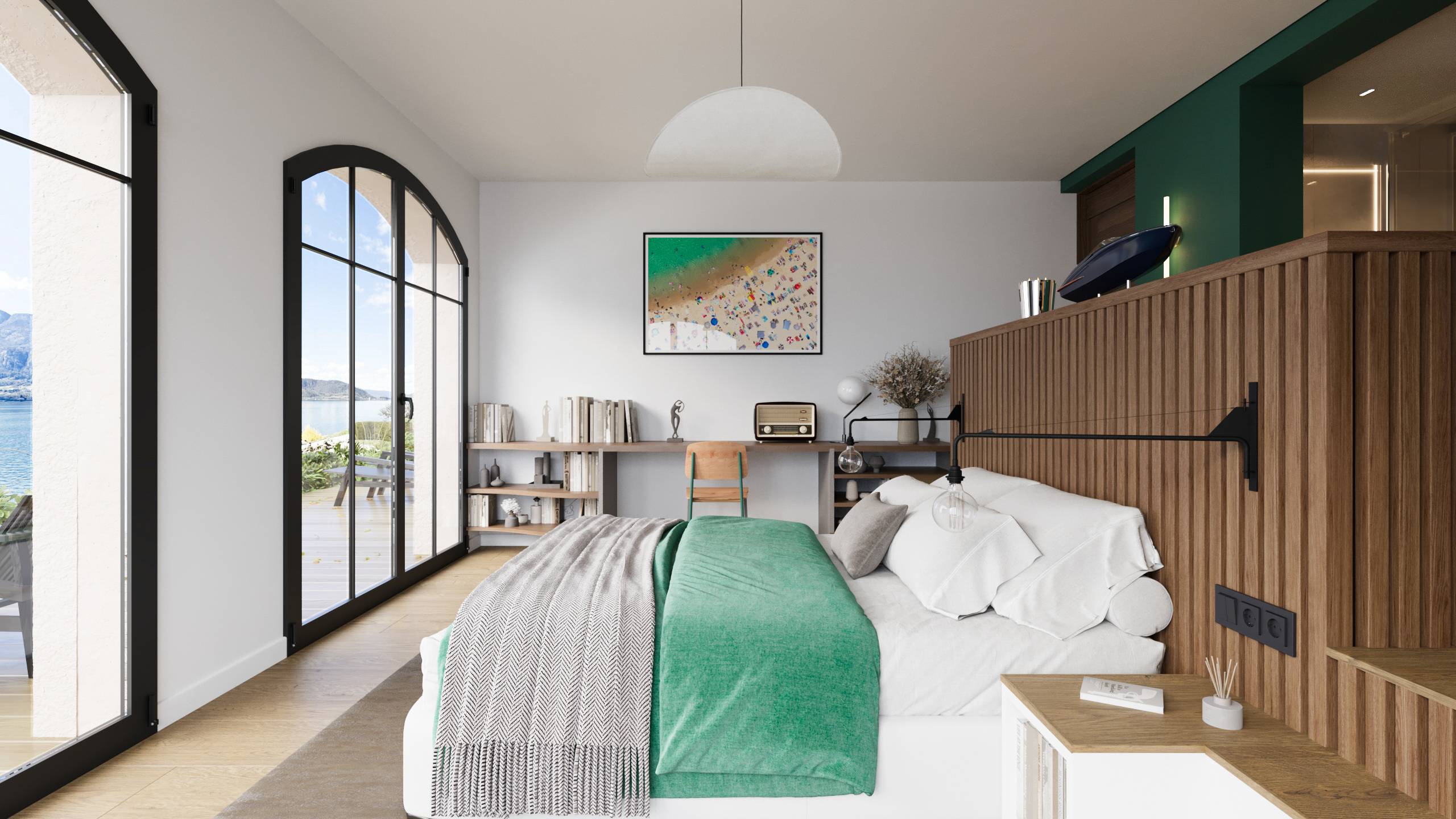 Rendu 3D architecture chambre vue lac fenêtres cintrées Tolita Architecture Pierzo