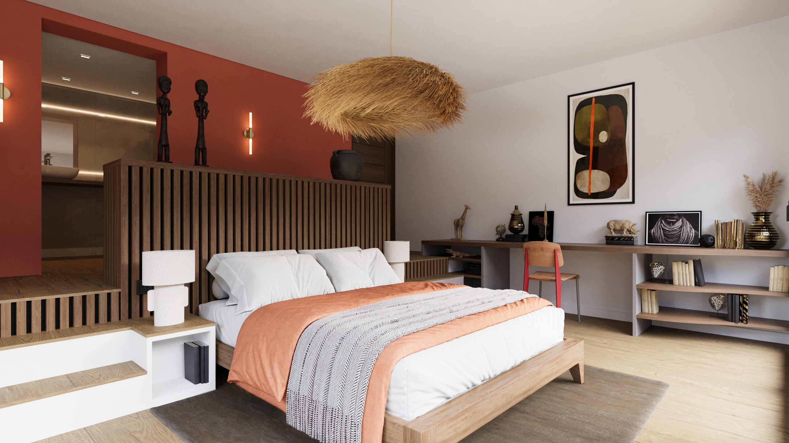 Rendu 3D architecture chambre décoration ethnique terracotta Tolita Architecture Pierzo