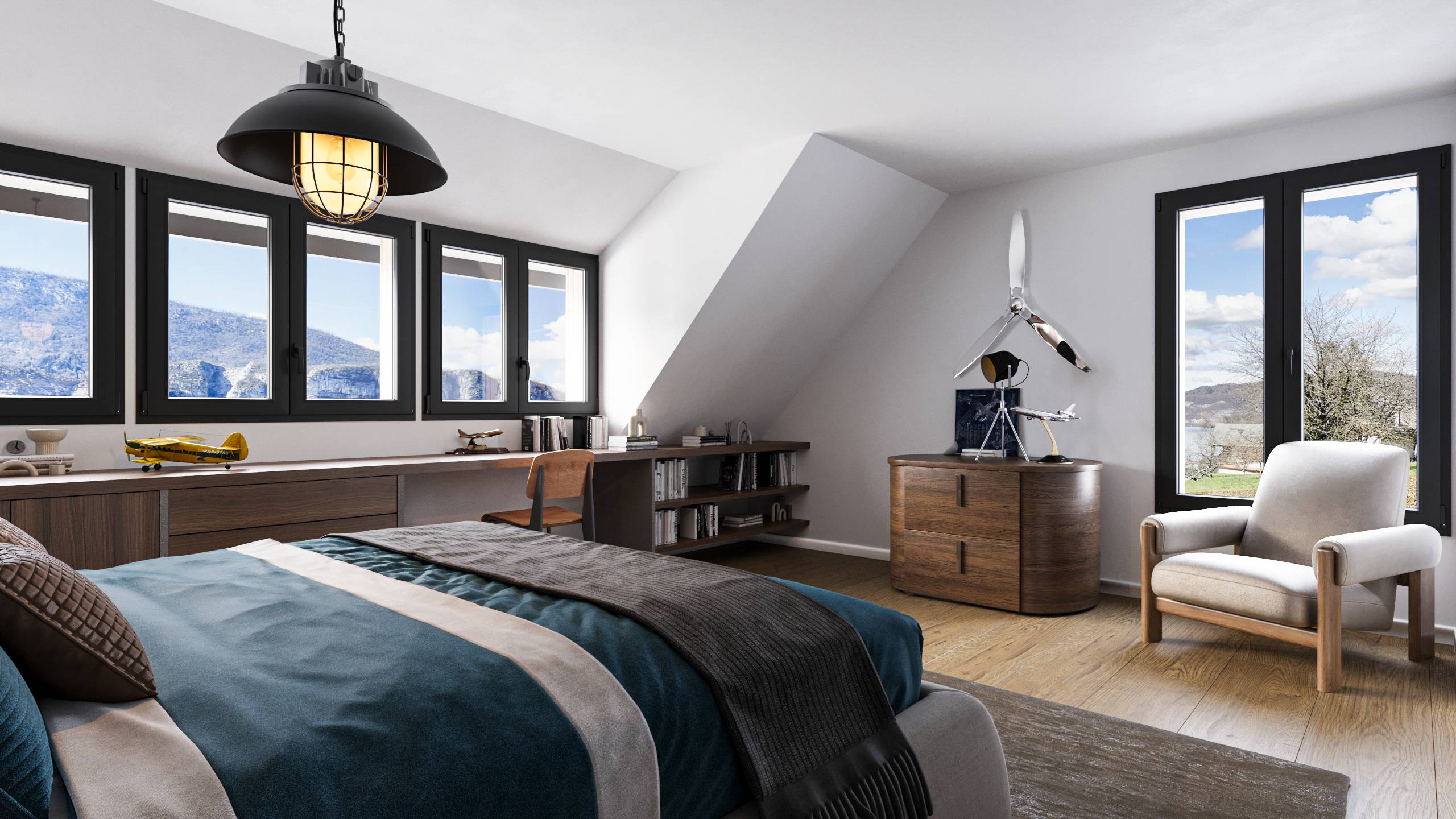 Rendu 3D architecture chambre enfant sous pente thème aviation Tolita Architecture Pierzo