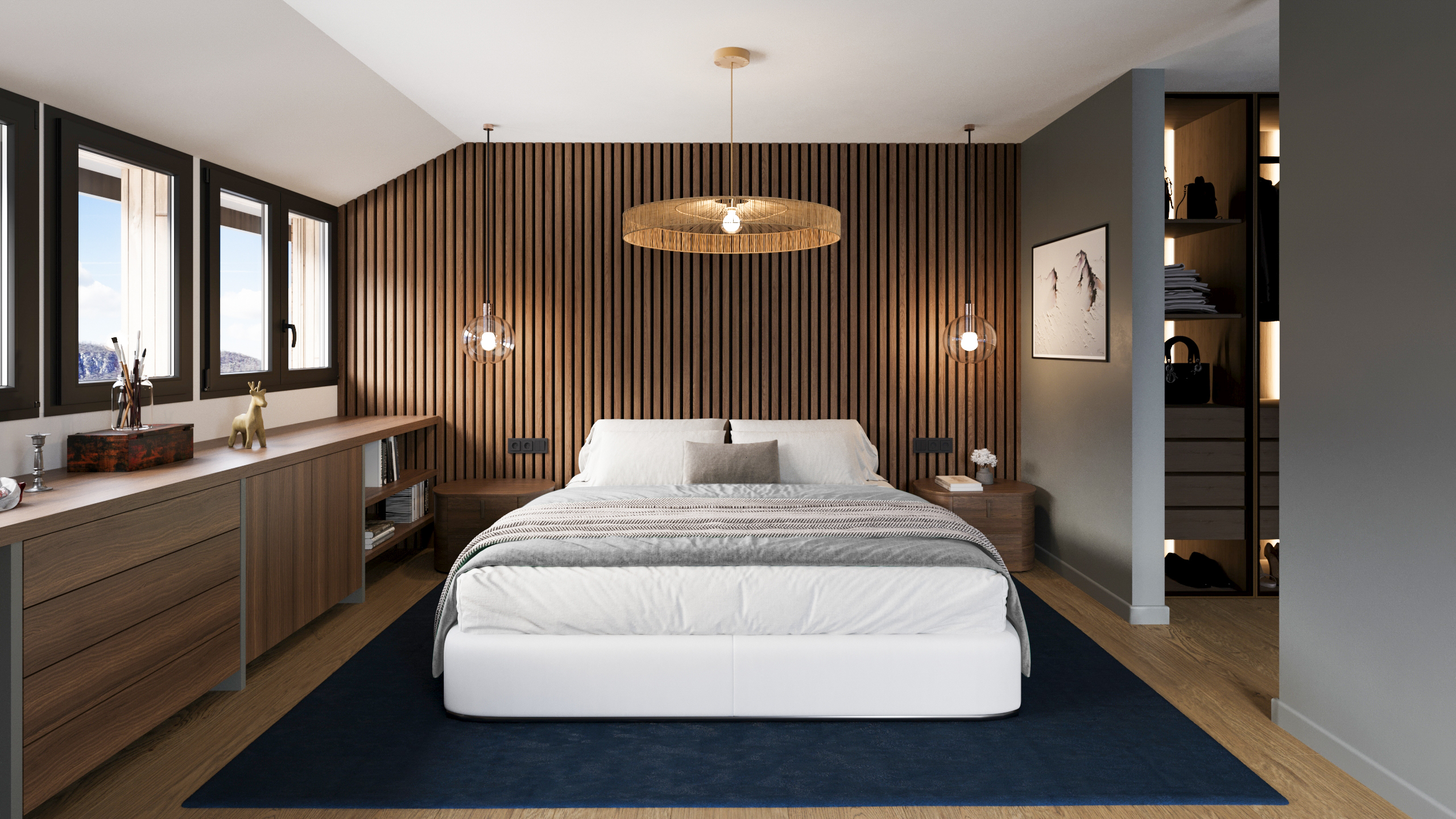 Travail acoustique et esthétique : le mur en tasseaux de bois mis en lumière par la 3D.