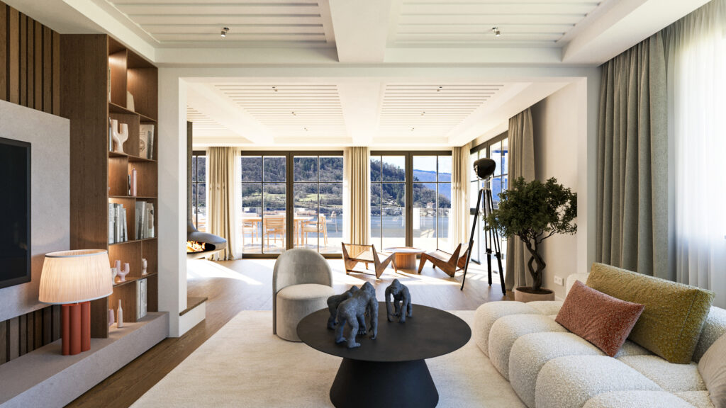 Rendu 3D architecture détail mobilier salon bibliothèque bois Tolita Architecture Pierzo