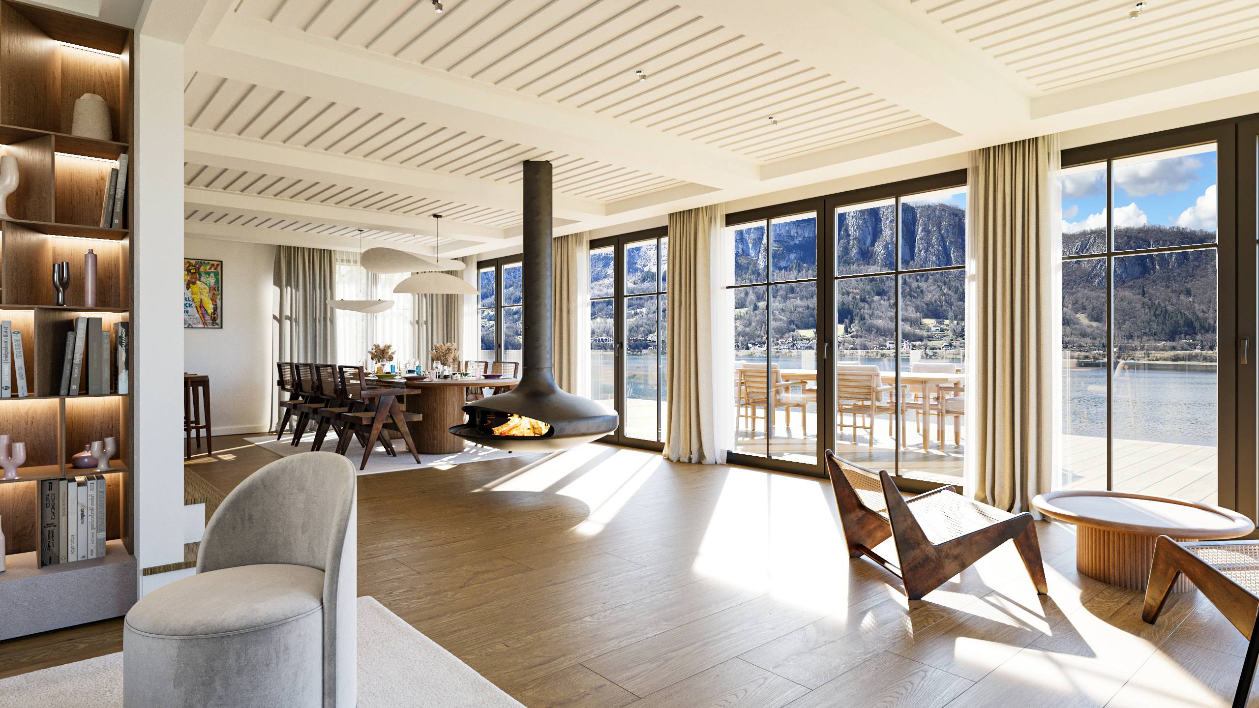 Rendu 3D architecture salon cheminée suspendue vue lac Tolita Architecture Pierzo