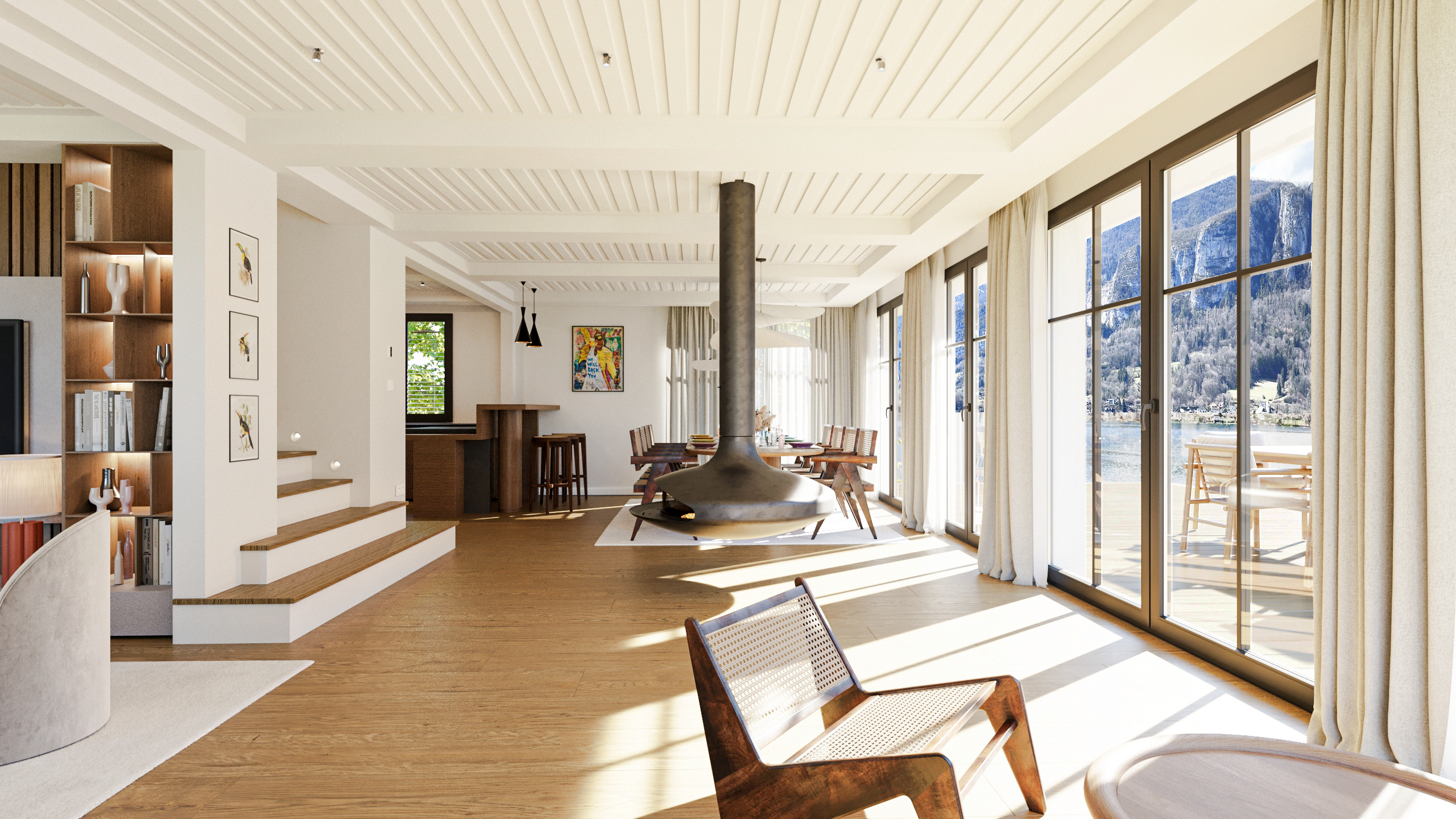 Rendu 3D architecture salon cheminée suspendue vue lac Tolita Architecture Pierzo