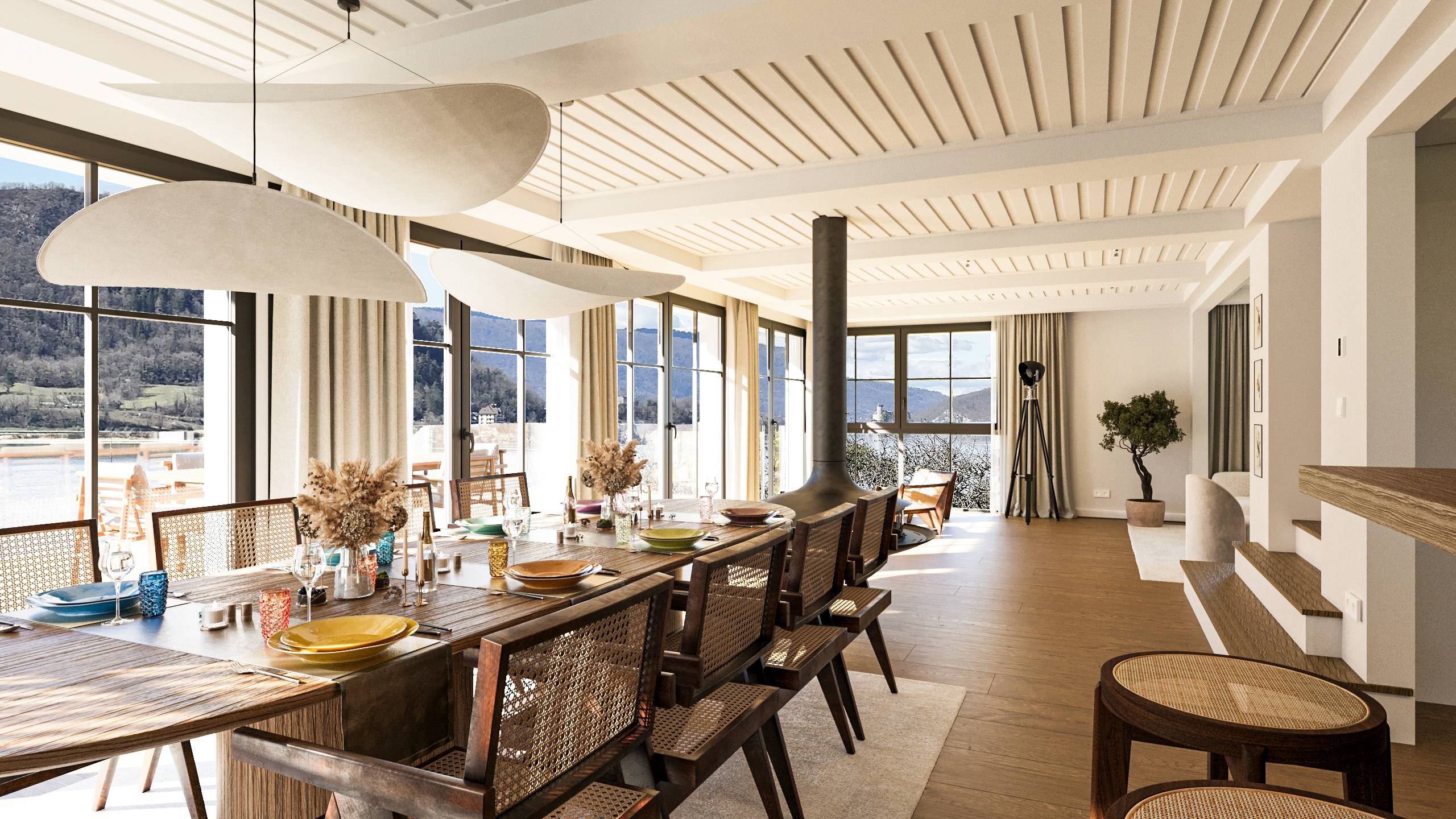 Rendu 3D architecture salon cheminée suspendue vue lac Tolita Architecture Pierzo