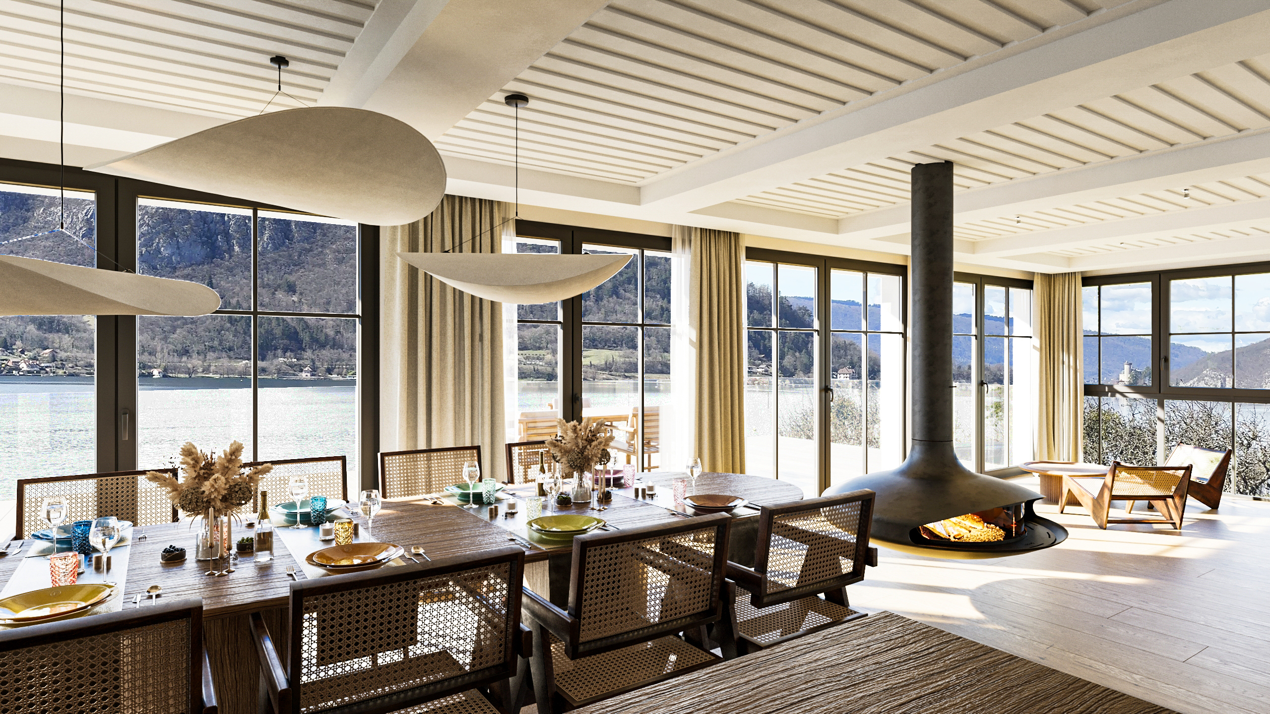 Rendu 3D architecture salon cheminée suspendue vue lac Tolita Architecture Pierzo