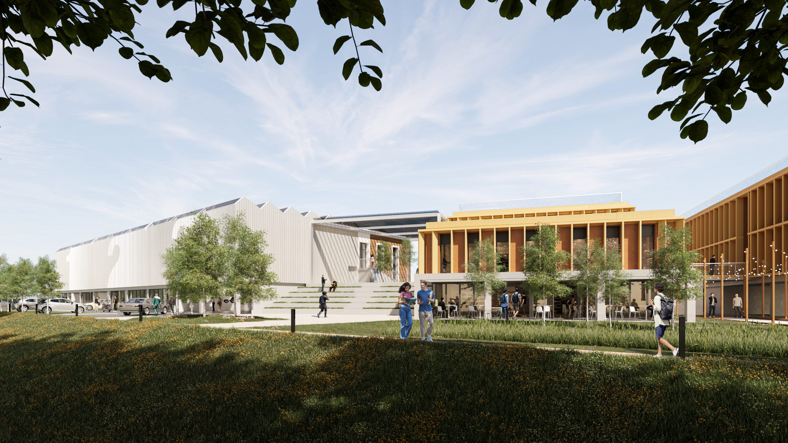 Visualisation 3D architecture cour récréation gradins et espaces verts Pierzo