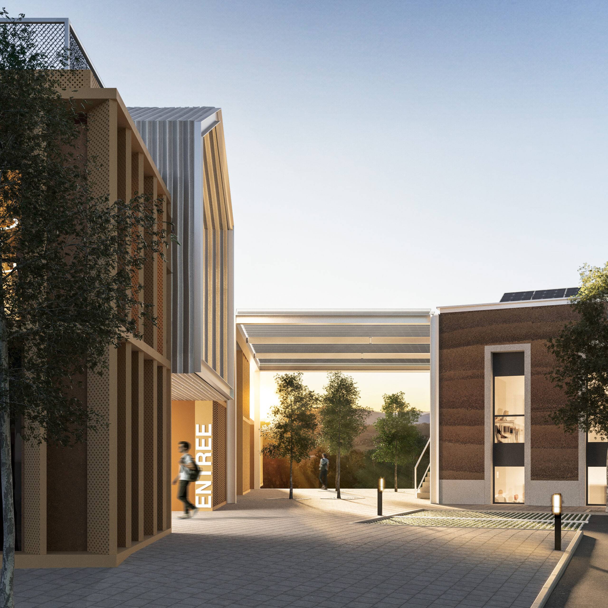 Visualisation 3D architecture entrée MFR Les Ebeaux Va'a Atelier bois et pisé Pierzo