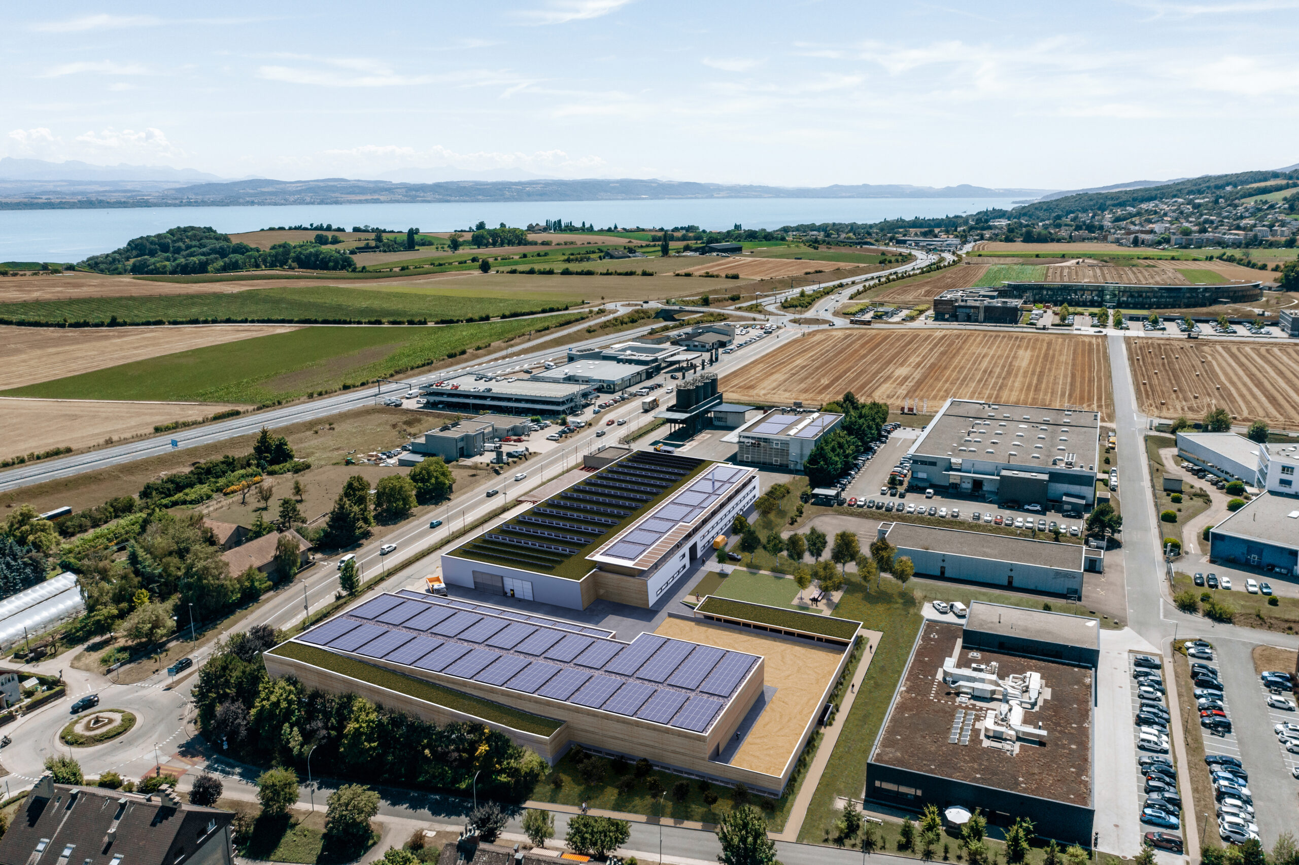 Image de synthèse concours d'architecture Larco Architecture Suisse vue aérienne panneaux solaires et lac Leman Pierzo