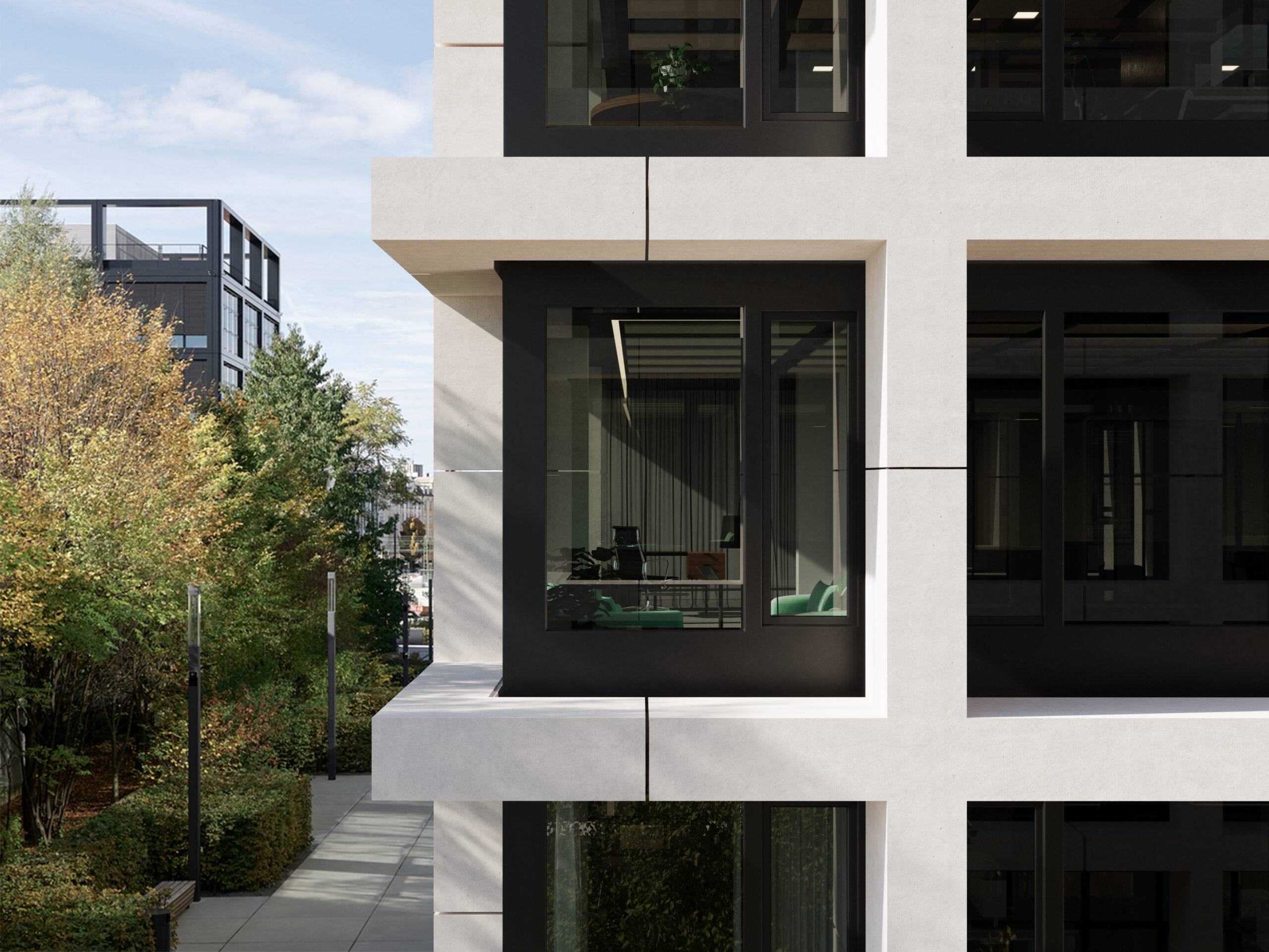 Rendu 3D architecture tertiaire immeuble bureau RKW perspective extérieure Pierzo