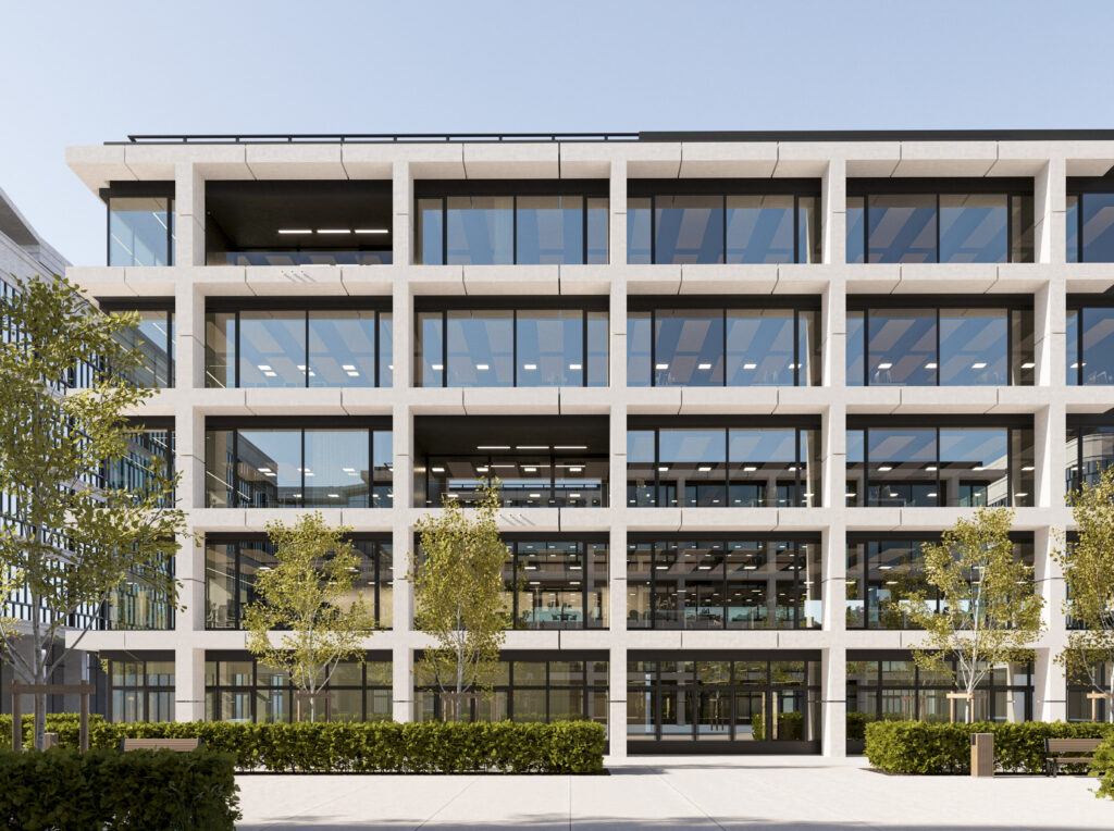 Rendu 3D architecture tertiaire façade bureaux RKW moderne vitrée Pierzo