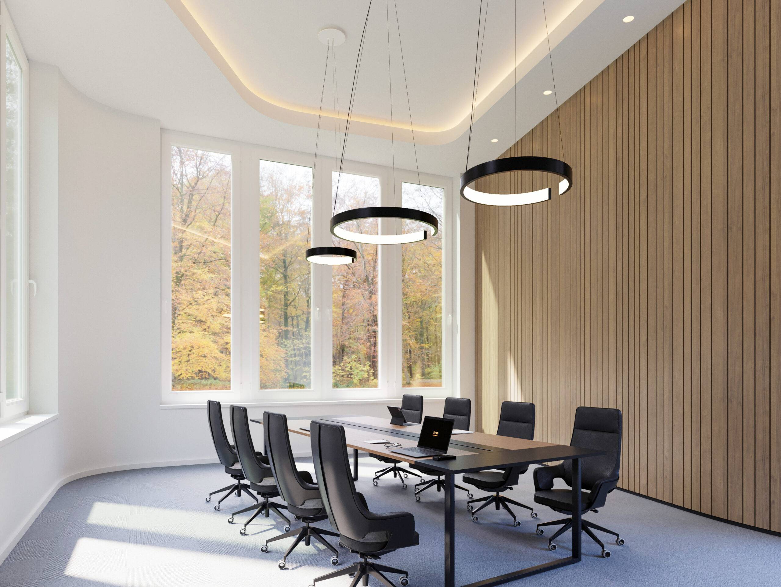 Aménagement bureau 3D salle de réunion KBNK table noire et luminaires circulaires Pierzo