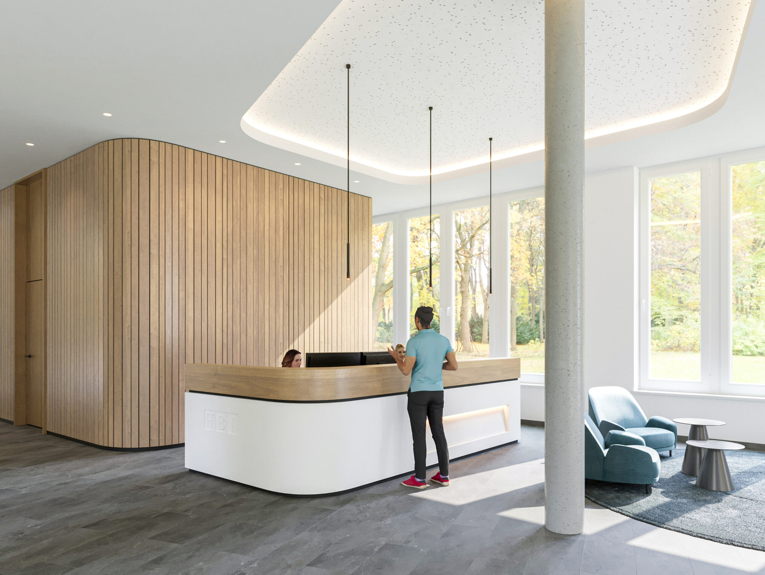 Aménagement bureau 3D hall accueil KBNK banque réception bois et lumière naturelle Pierzo