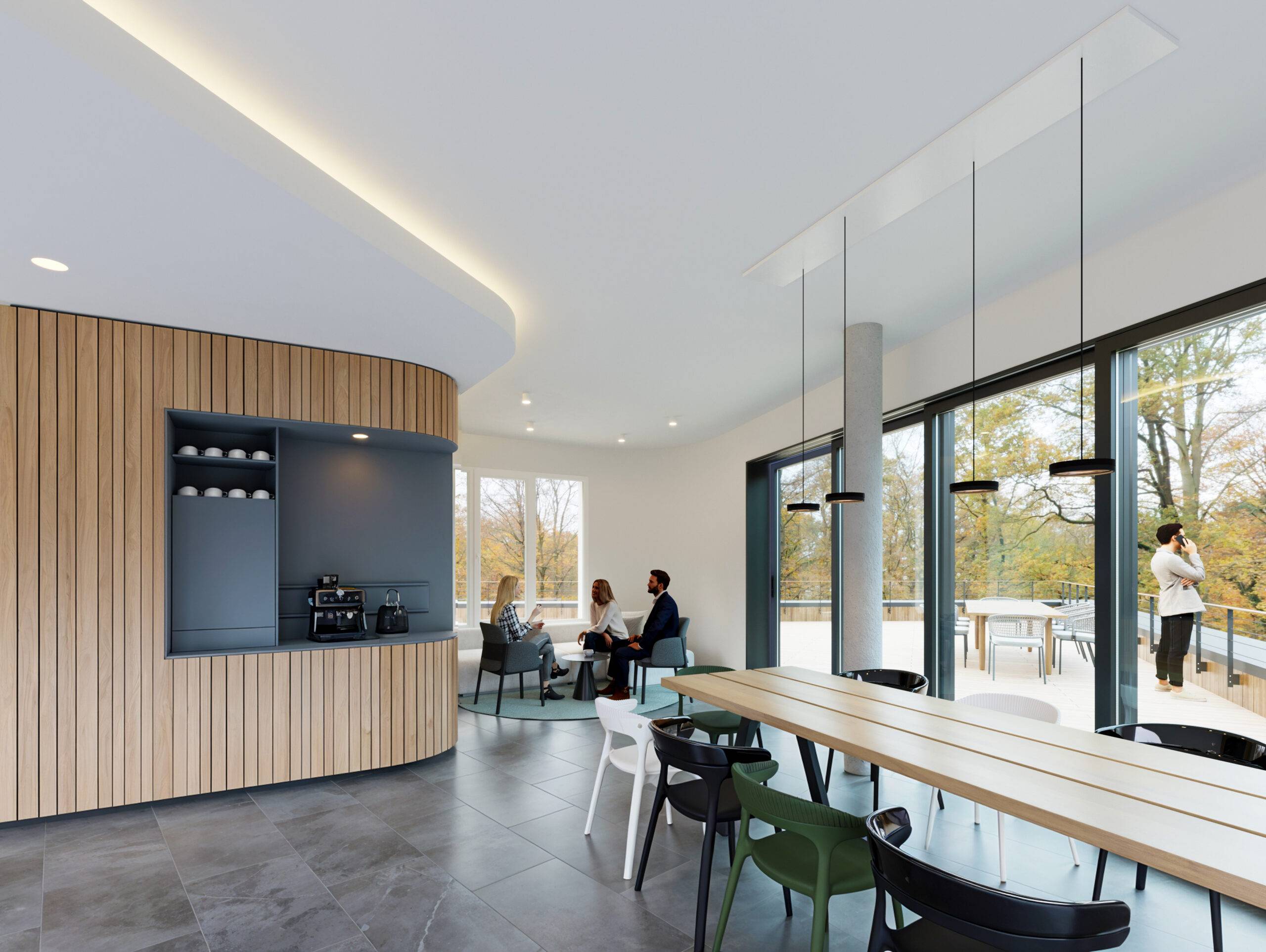 Aménagement bureau 3D espace détente cafétéria KBNK coffee corner et terrasse Pierzo