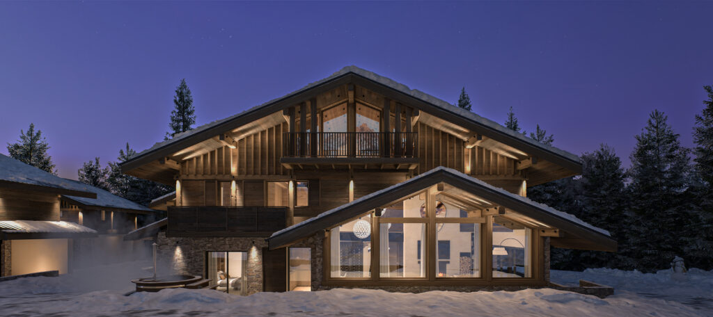 Visualisation 3D chamonix chalet luxe Groupe Rizzo façade nuit éclairage extérieur Pierzo