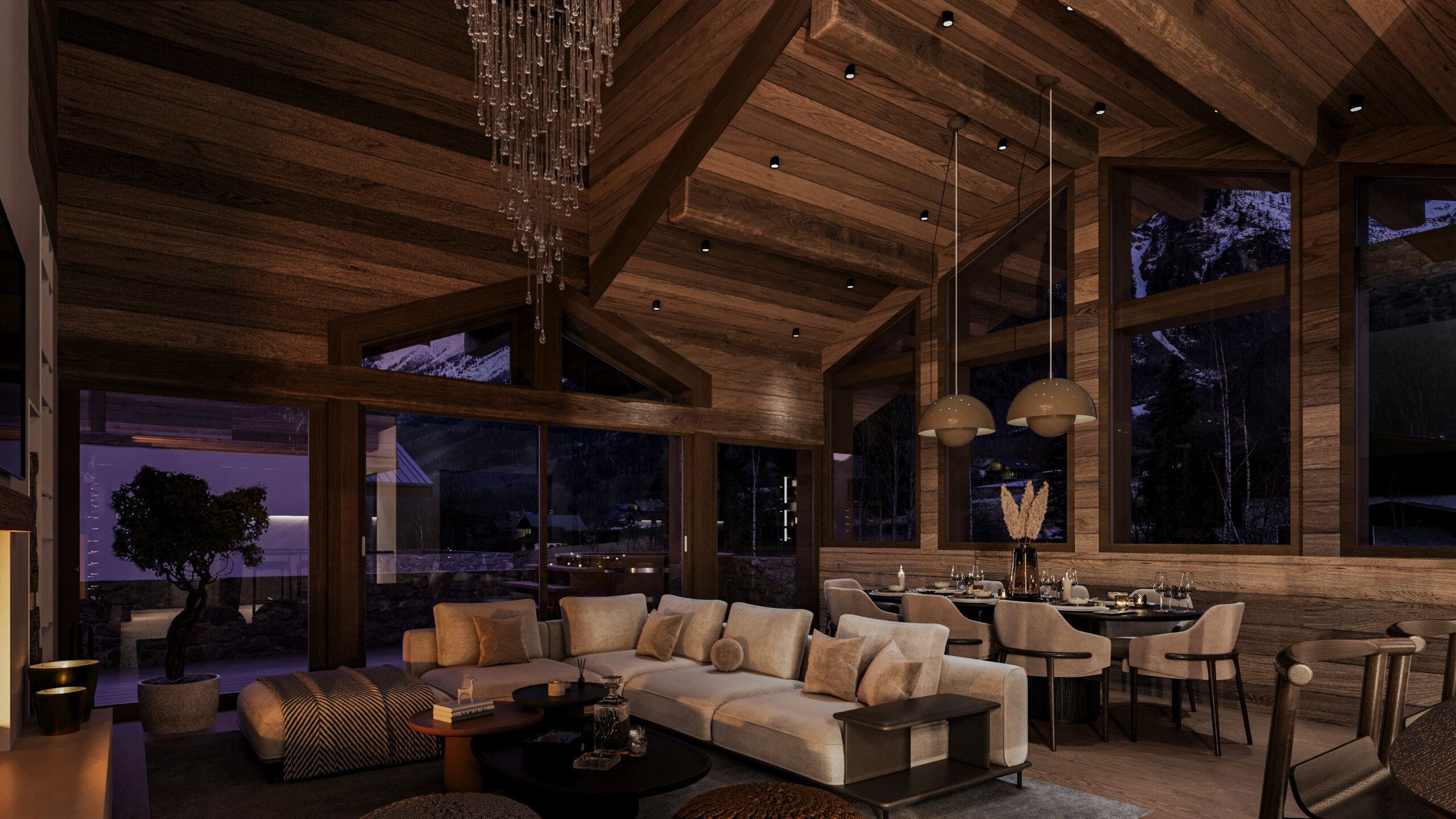 Visualisation 3D chamonix salon nuit ambiance cheminée lustre design Pierzo