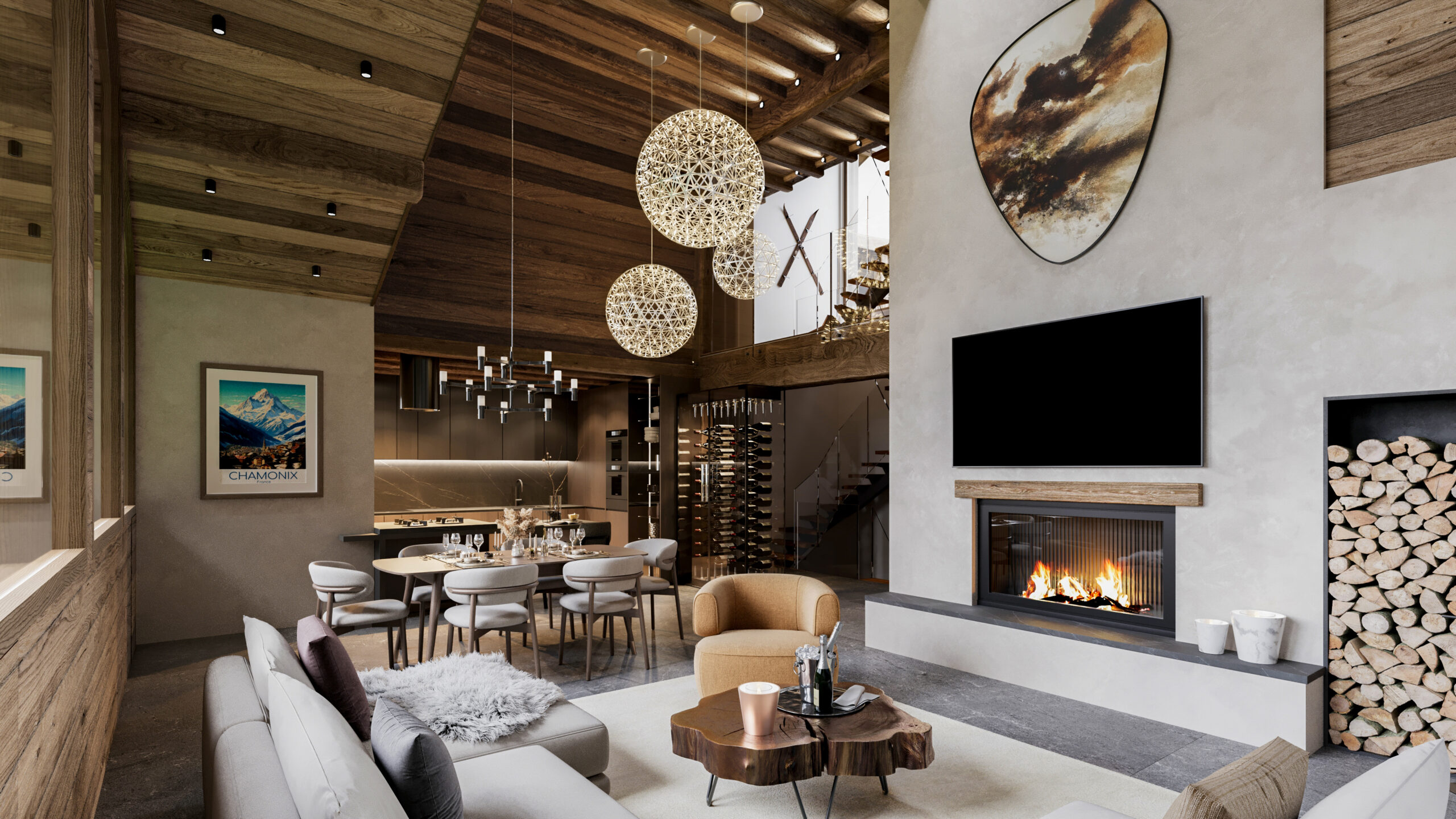 Visualisation 3D chamonix cuisine ouverte salle à manger cheminée insert Pierzo