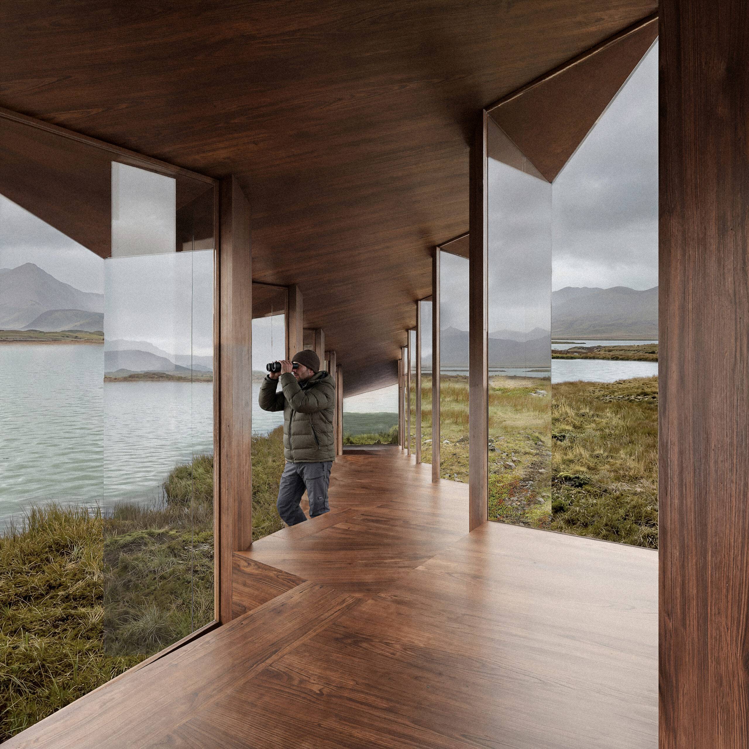 Visualisation 3D d'un long couloir en bois rythmé par des parois vitrées, une perspective 3D concours architecture dynamique réalisée par Pierzo.